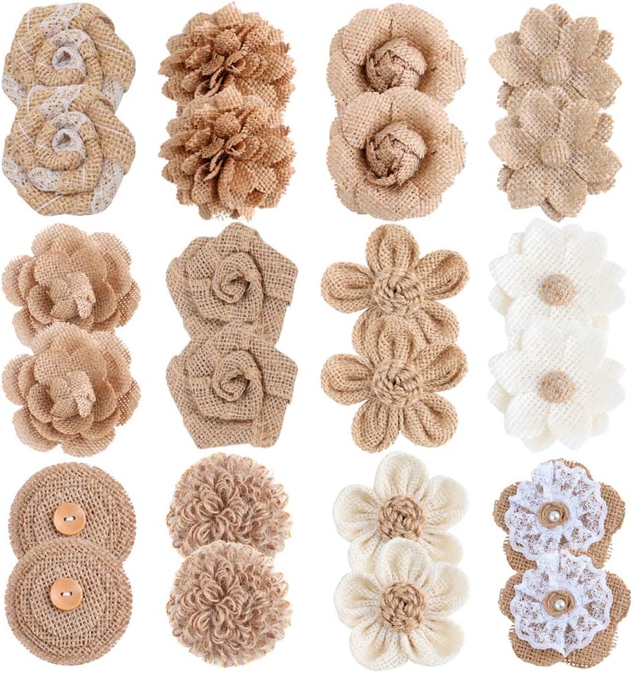 APICCRED 24PCS Burlap Flowers for Crafts 12Styles Natural Handmade Rustic Rose Flower for Burlap Decoration DIY Craft Bouquets Home Wedding Christmas Party Decoration