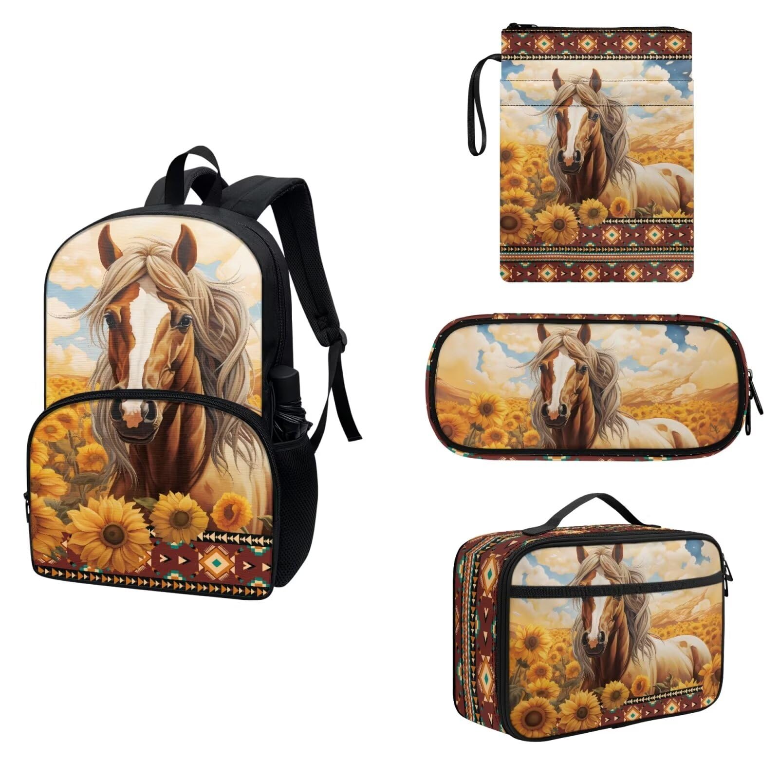 COEQINE Juego de 4 bolsas para libros para estudiantes de 8 a 12 estudiantes, botellas de agua aislantes, lonchera, para adolescentes, escuela secundaria, estuche para lápices, Girasol caballo azteca