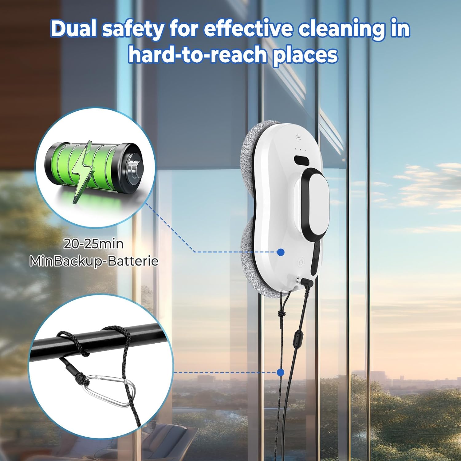 SWBSLL Window Cleaning Robot showing dual safety features: 20-25 minute backup battery and a securely attached safety rope.