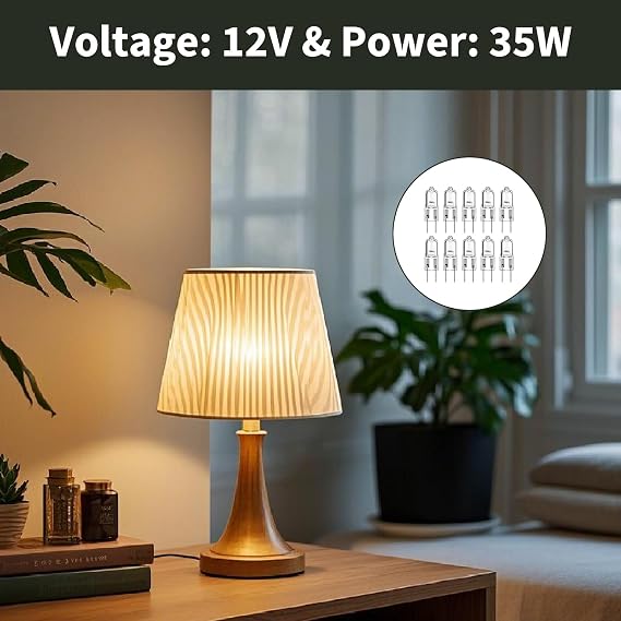 10 Pack GY6.35 Halogen Bulb 12V 35W, G6.35 Halogen Bulb AC DC Dimmable Warm White 2700K Bi Pin Capsule Light 360 Degree Beam Angle Ceiling Cabinet Lamp Desk Chandelier Landscape Lighting Replacement