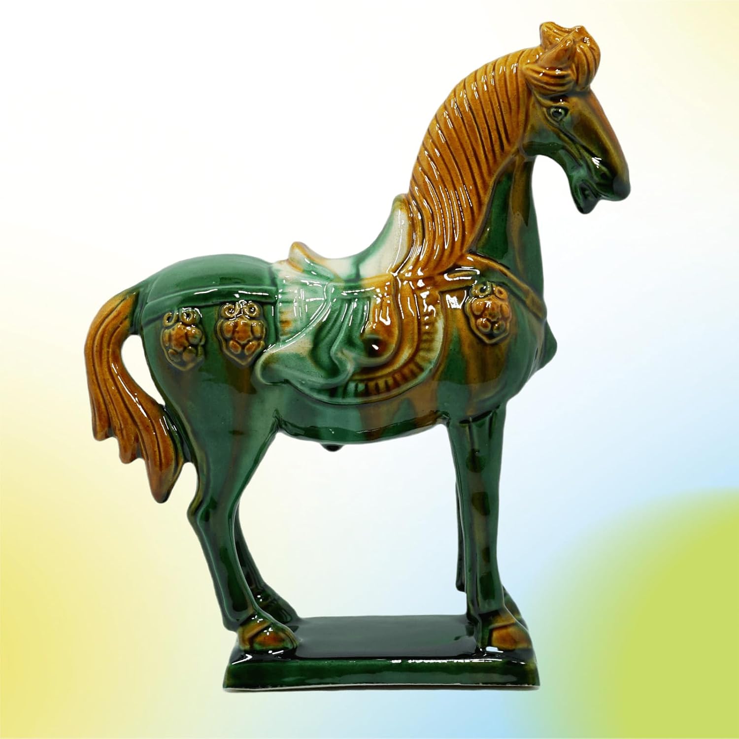 Handmade Tang Dynasty Tri-Color Horse Ceramic Sculpture - 19cm Traditional Chinese Cultural Art Decor - Symbol of Prosperity & Good Fortune - Perfect for Home, Office, Bookcase Shelf (Green)