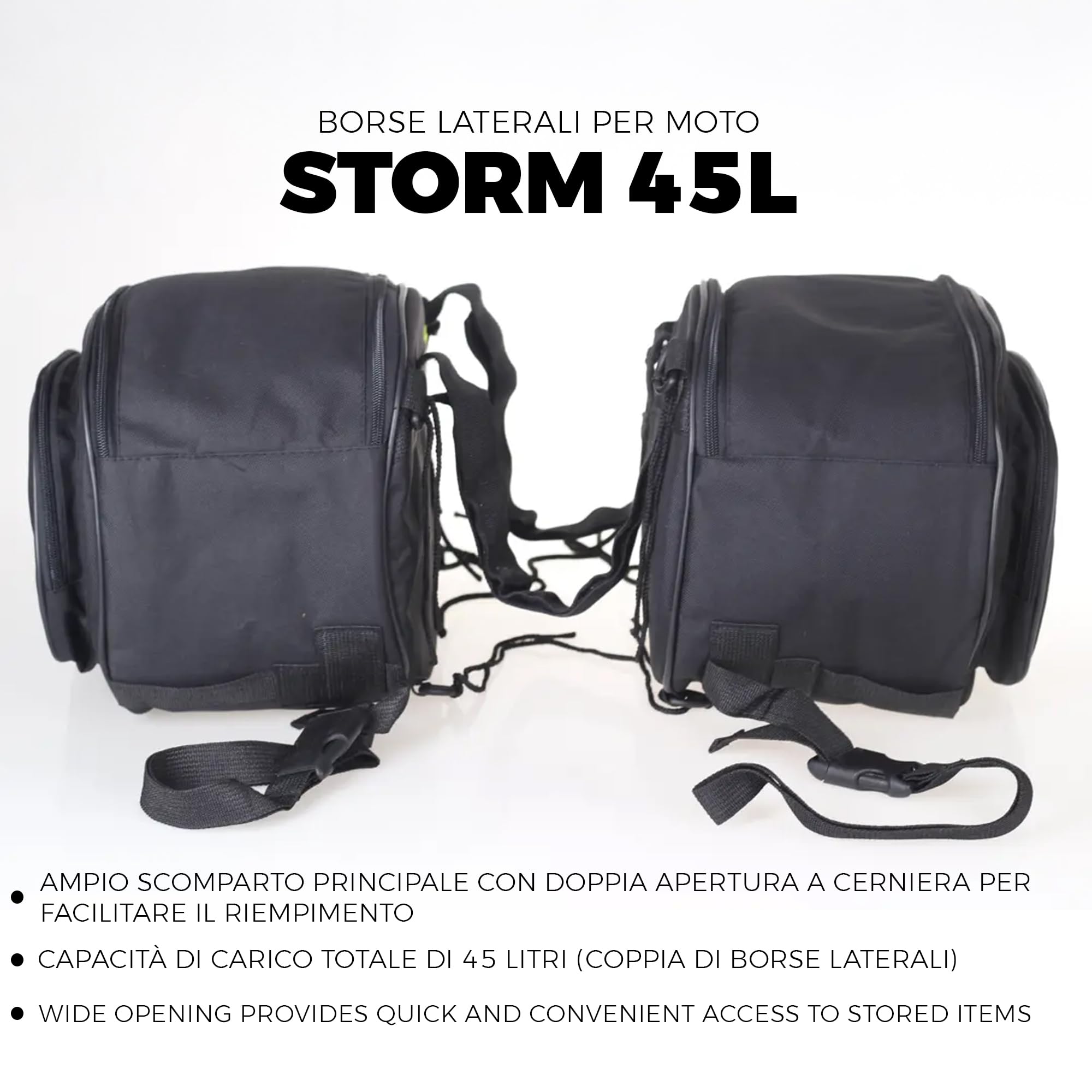 STORM Borse Laterali Moto 45 Litri, Coppia Borsoni Impermeabili con Doppia Apertura a Cerniera, Cinghie Regolabili, Universali, Nero (45 litri)