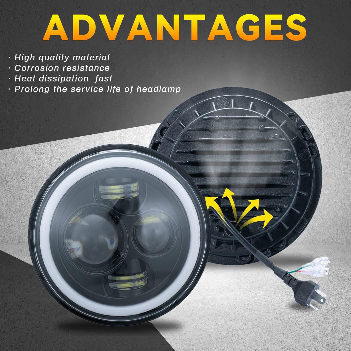 2pcs 7" Inch Round Amber Turn Signal White High/Low Beam DRL Daytime Running Lights Halo Angle Eye Projector Headlights Assembly+H4-H13/9008 Adaptors Compatible With 97-18 Wrangler TJ/LJ/JK