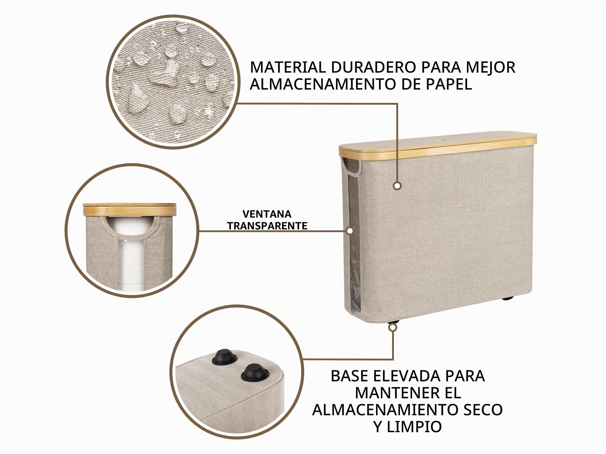 StorageWorks Cesto para Papel Higiénico con Tapa de Bambú (Capacidad 12 Rollos), Organizador de Accesorios para Baño, Cesta Papel Higienico de Baño, 44x18x37.5 cm, Combinación marrón y Beige
