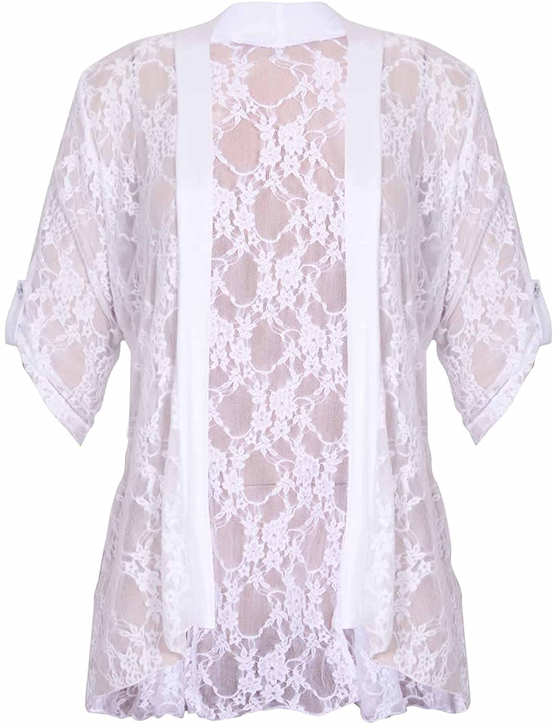 STAR FASHION New Ladies Sheer Shrug Top Cuff Sleeve Open Front Waterfall Design Floral Lace Two Button Kimono Cardigan Top for Woman (White)