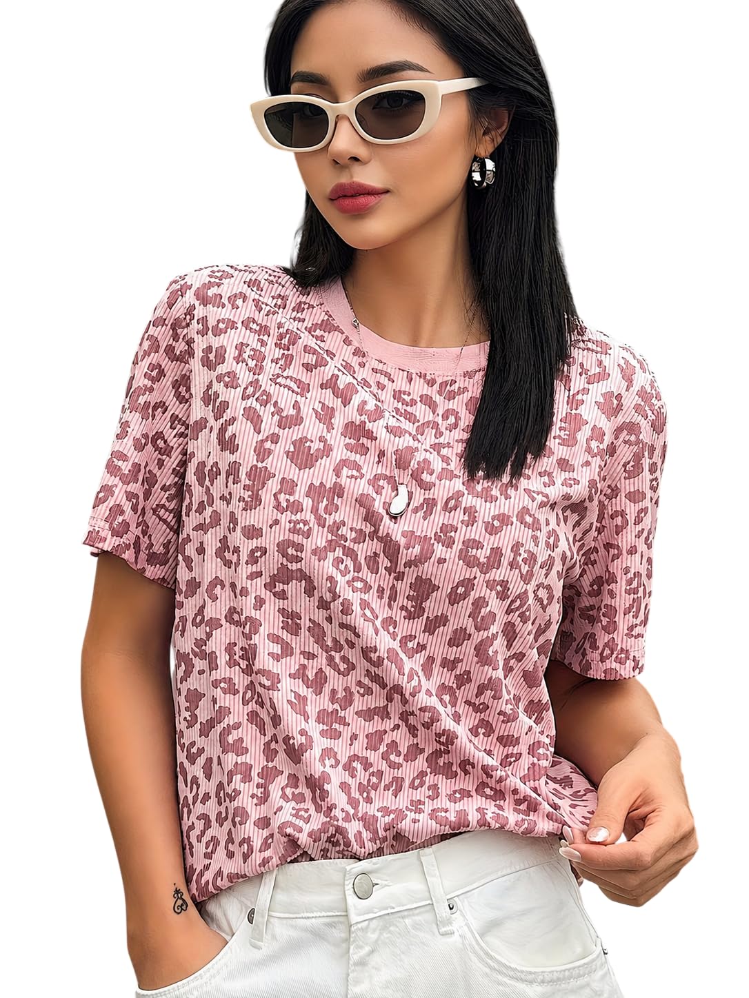 Women’s Leopard Print Ribbed T-Shirt – Short Sleeve Crew Neck Casual Loose Fit Summer Top-picture-33