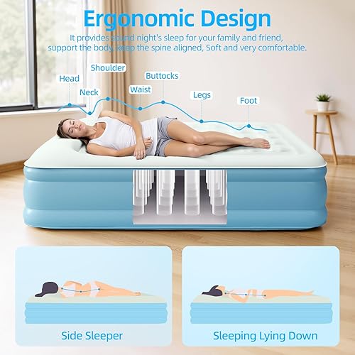Miniatura 3 de Colchón de aire Queen con bomba integrada, colchón inflable de 18 pulgadas de comodidad, superficie mejorada, cama de aire portátil con almohada,