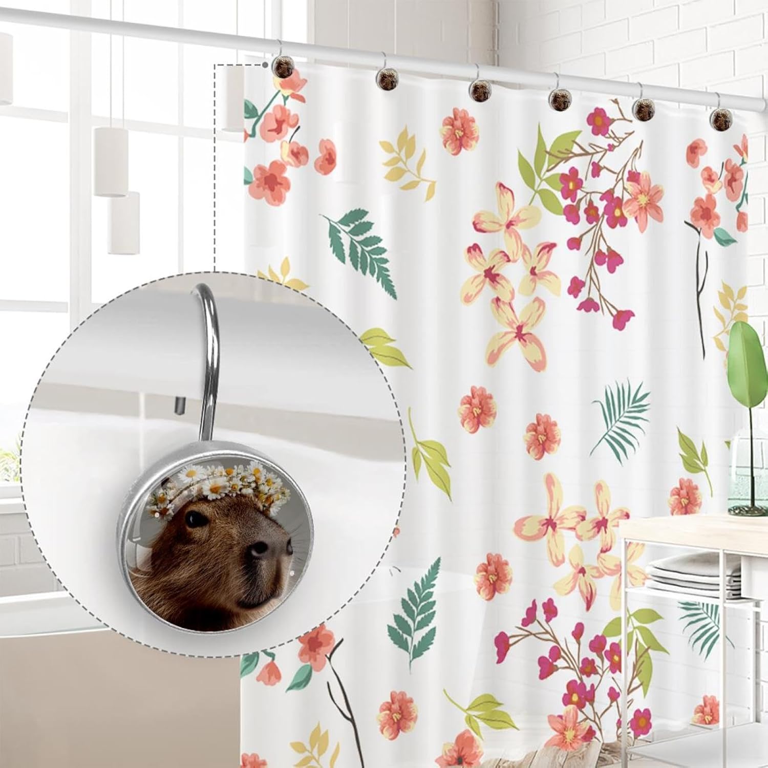 Capybaras Daisy (2) Round Crystal Glass Decorative Shower Curtain Hooks with 3D Pattern Visual, Rust Proof Shower Curtain Rings-12 Pack