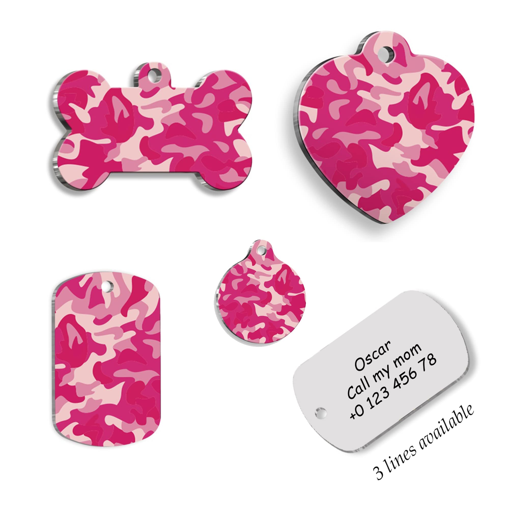 Pink Camouflage Military Army Personalized Dog Tag - Custom Name Tag - ID Tag for Dog & Cat - Customized Pet Tags - Dog Name Tag - Cat Name Tag - Engraved Dog Tag (Heart)