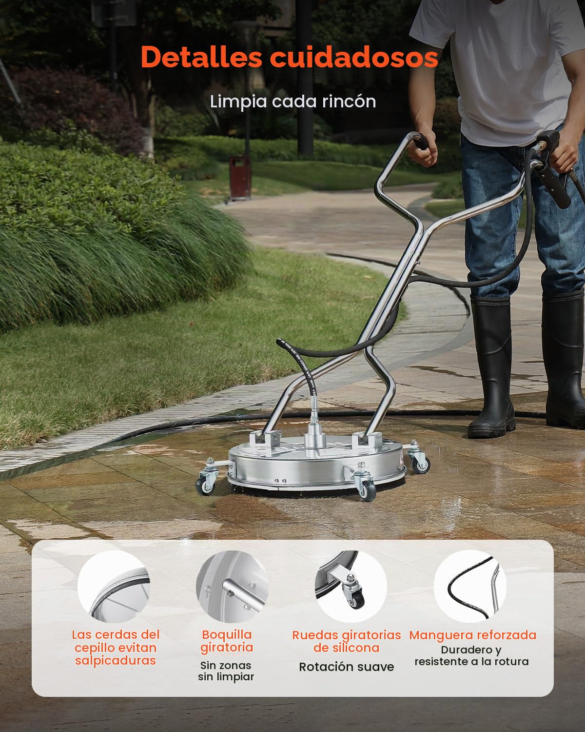 VEVOR Limpiador de Superficies con Hidrolavadora, Acero Inoxidable, 4 Ruedas, Forma Redondo, 27,58 Mpa máx., 2 Boquillas Rociadoras, Mango Doble, para Concreto, Patio, Acera, 465 x 465 x 1465 mm