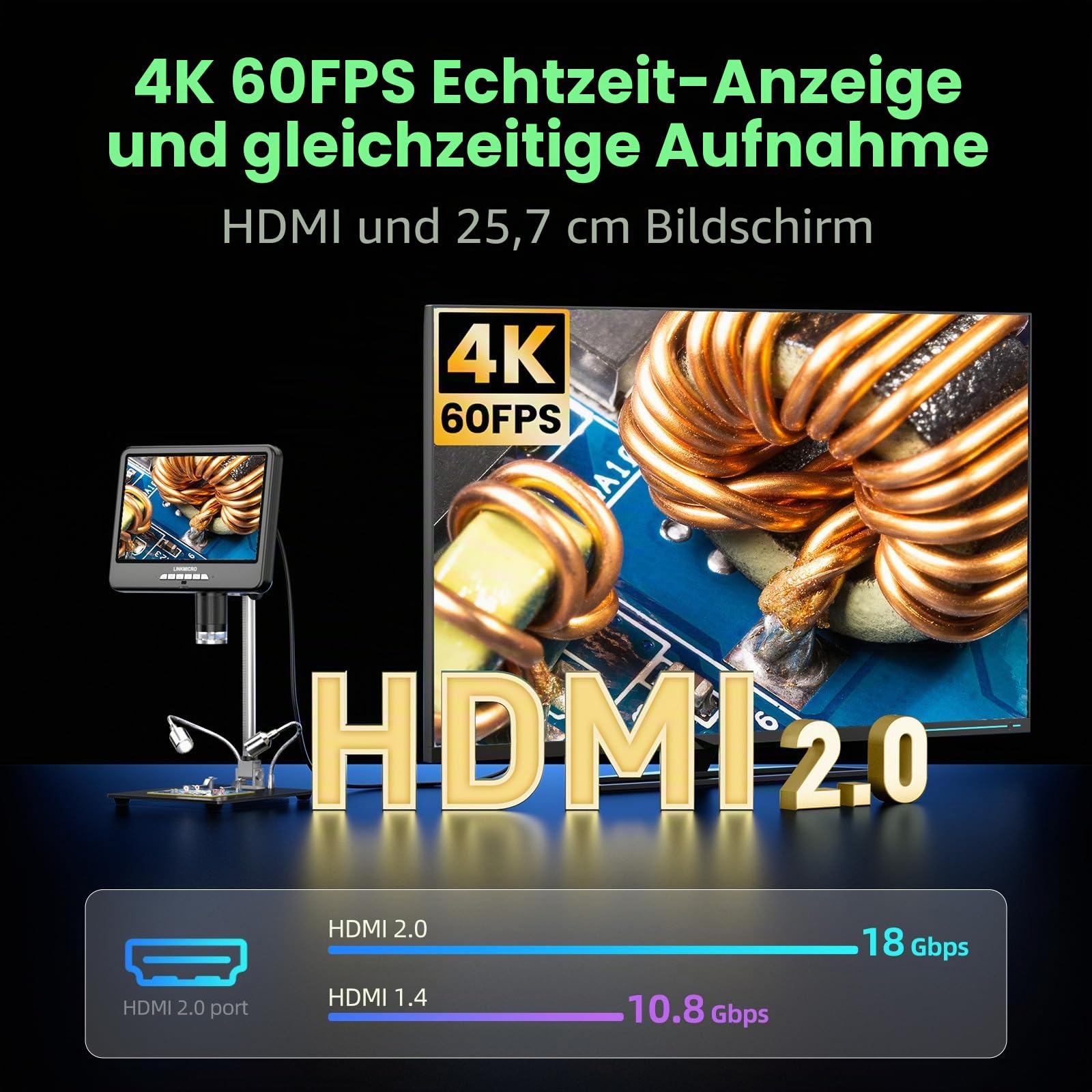 LM210S Digitales Mikroskop 10,1 Zoll 4K Elektronische Reparatur- und Schweißmikroskop mit 64MP Kamera 60FPS HDMI