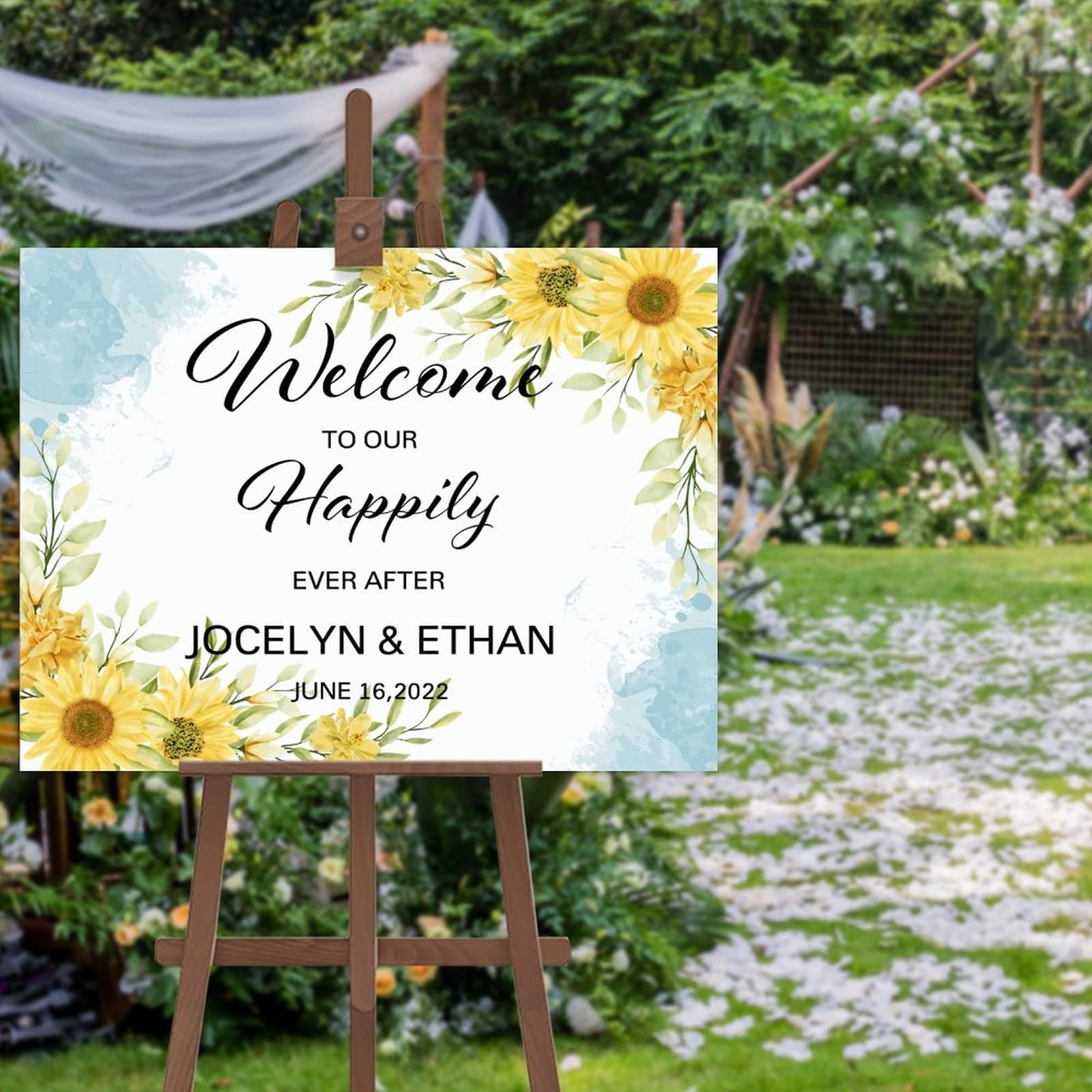Welcome to Our Happily Ever After Wedding znak powitalny spersonalizowana drewniana tablica elegancka romantyczna słoje drewna spersonalizowany znak ślubny na ceremonię przyjęcia weselnego zaręczyny