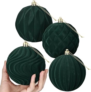 Blueweenly 4 Pcs 4 Inch Green Large Velvet Christmas Ball Ornaments Vintage Christmas Plastic Ball Ornaments Flocked Tree Hanging Decoration for Xmas Party Wedding Home Decor