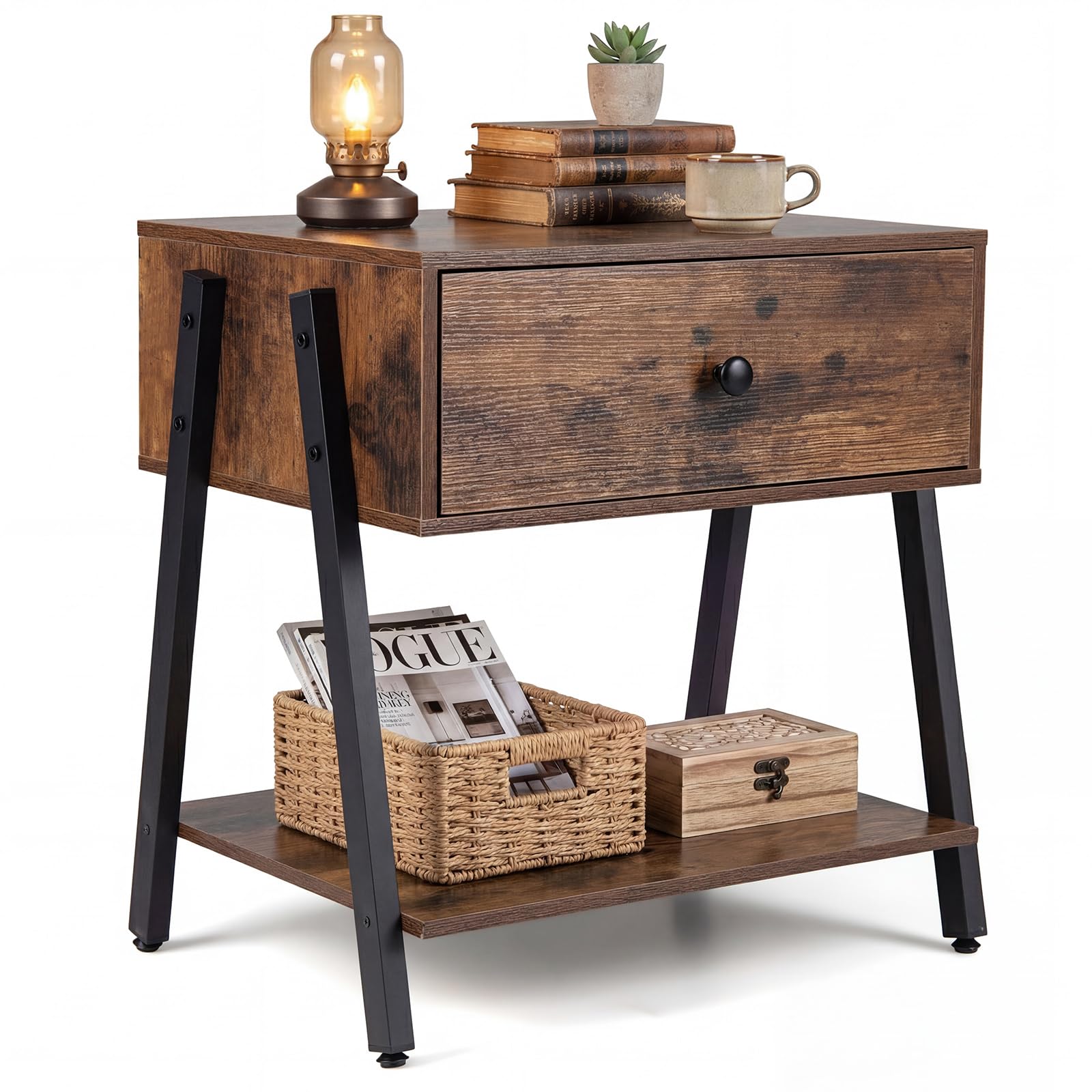 COSTWAY Bedside Table with Drawer, Industrial Nightstand End Sofa Side Table with Open Storage Shelf, Metal Frame Wooden Accent Bedside Cabinet for Bedroom, Living Room, Small Spaces (1, Rustic Brown)