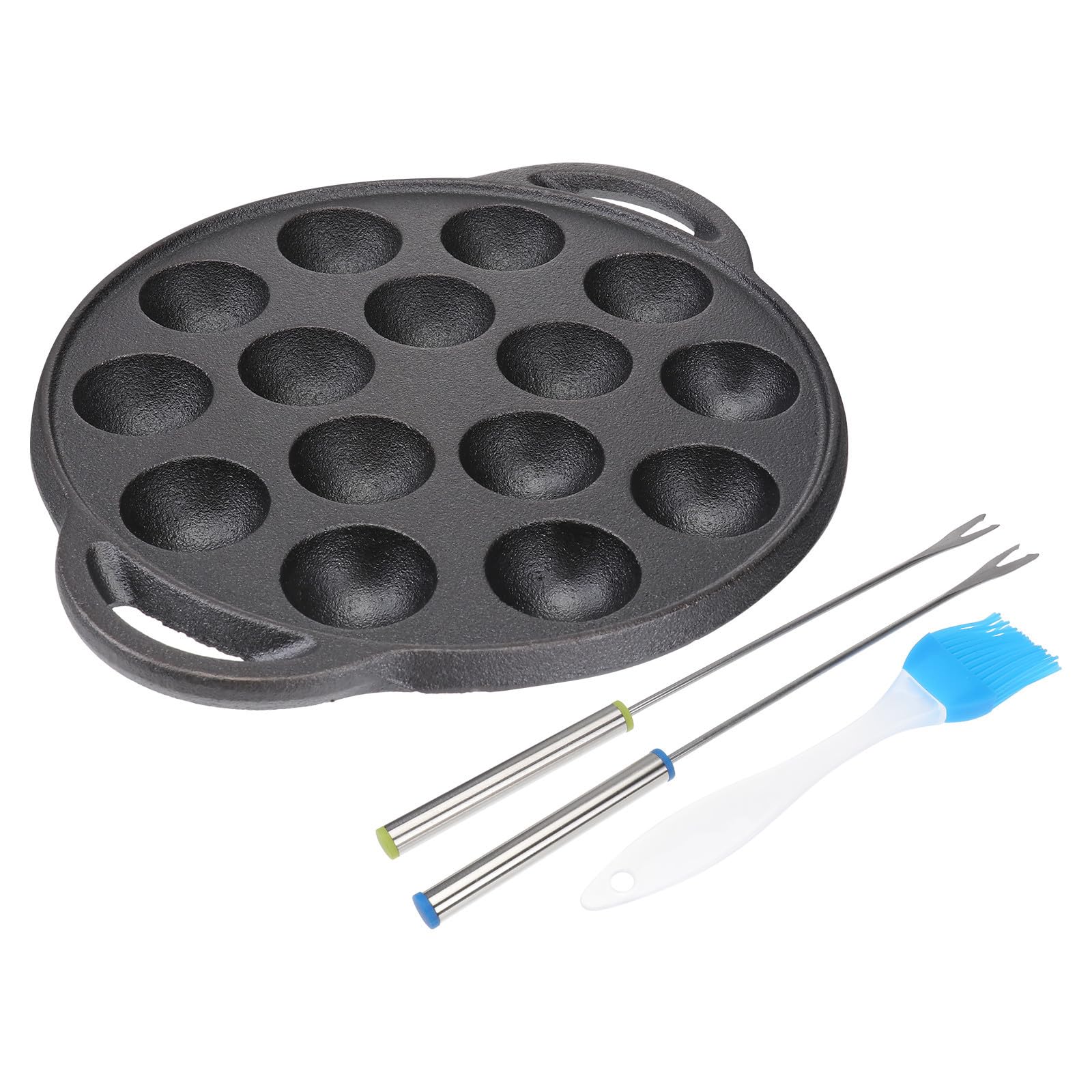 Zerodeko Poêle à Frire en Fonte Épaisse Multifonction 15 Trous pour Escargots et Boulettes, Ustensile Cuisine Maison, 2 Fourchettes en Acier et Pinceau à Huile, Usage Couleur Aléatoire