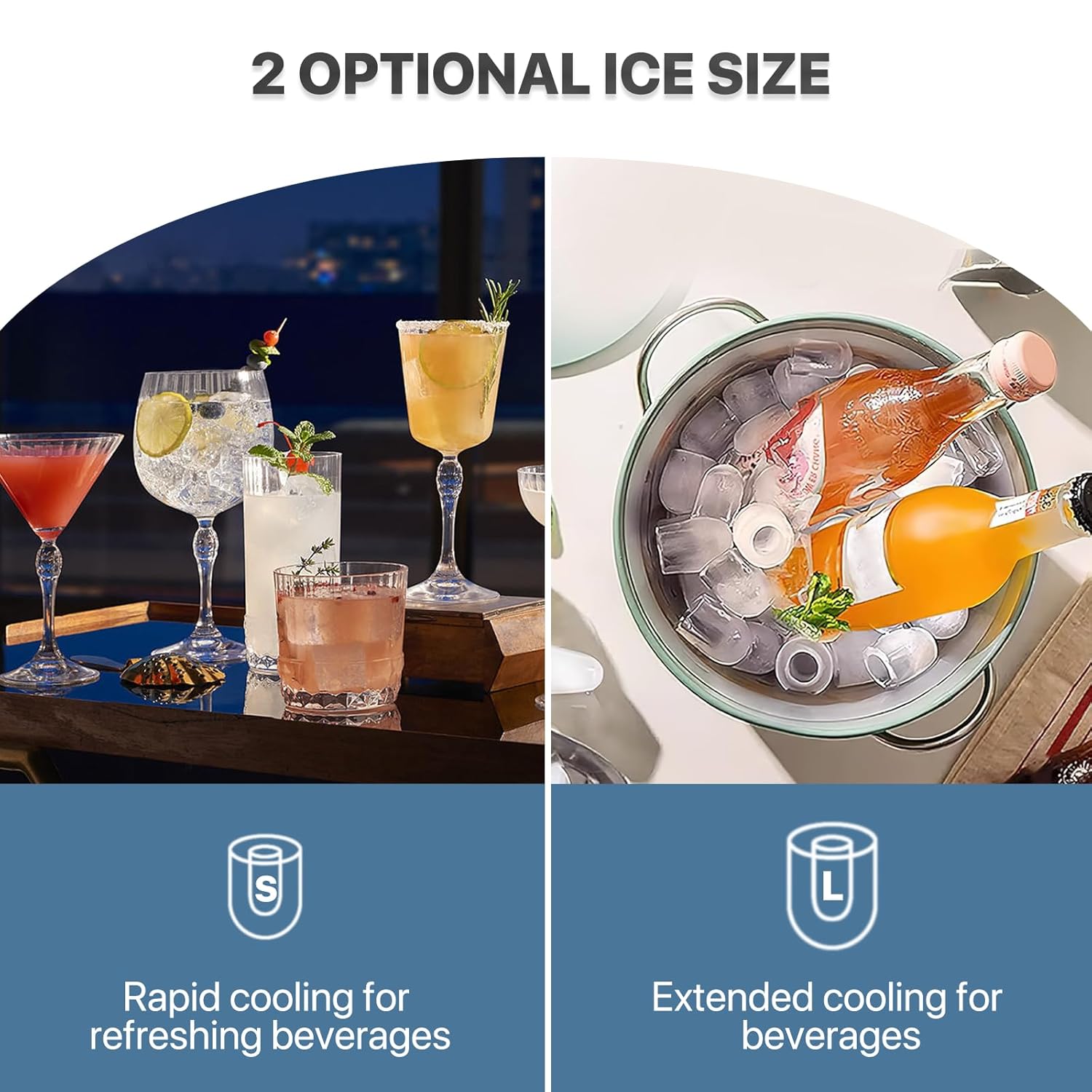 Comparison of small and large bullet-shaped ice cubes, with suggestions for their use in different beverages.