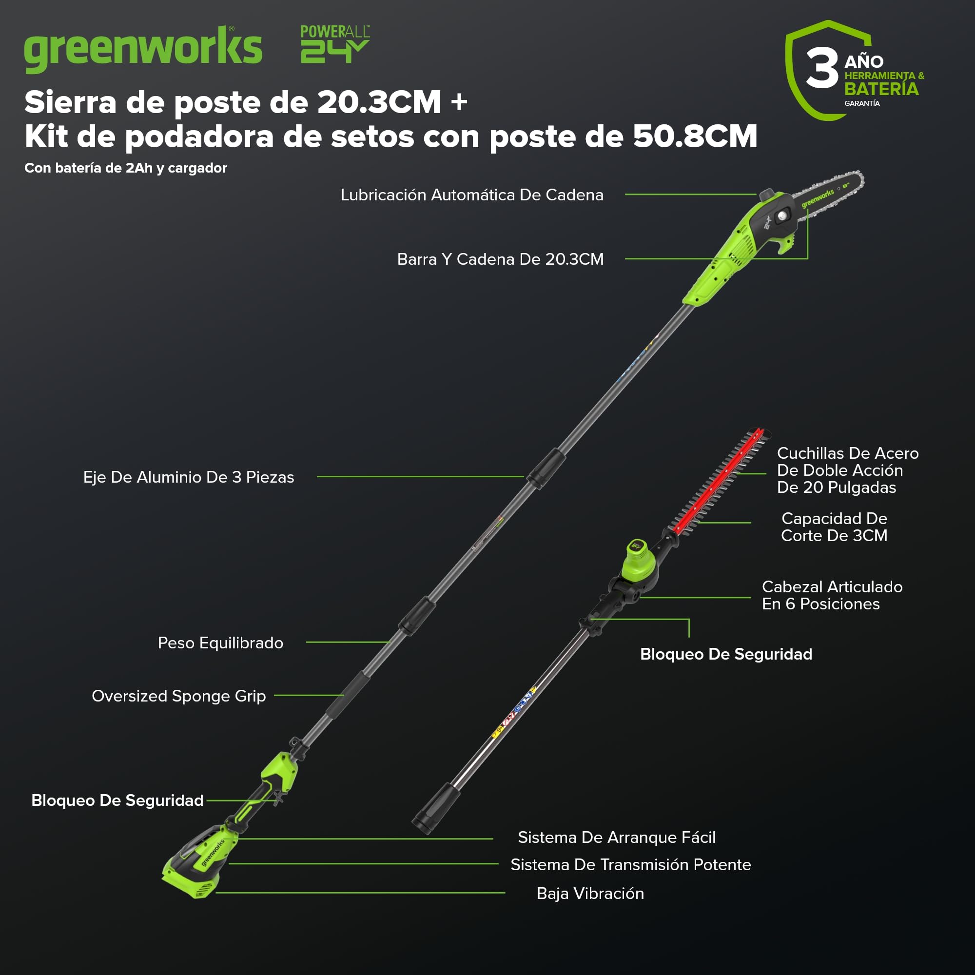 Greenworks Cortasetos + Sierra telescópica 2-en-1 24V con batería 4,0Ah & Cargador USB-C 65W, Motor brushless, Hoja 51 cm, Sierra 20 cm, Cabeza giratoria 112,5°, pértiga 3 Piezas CKPH321A2