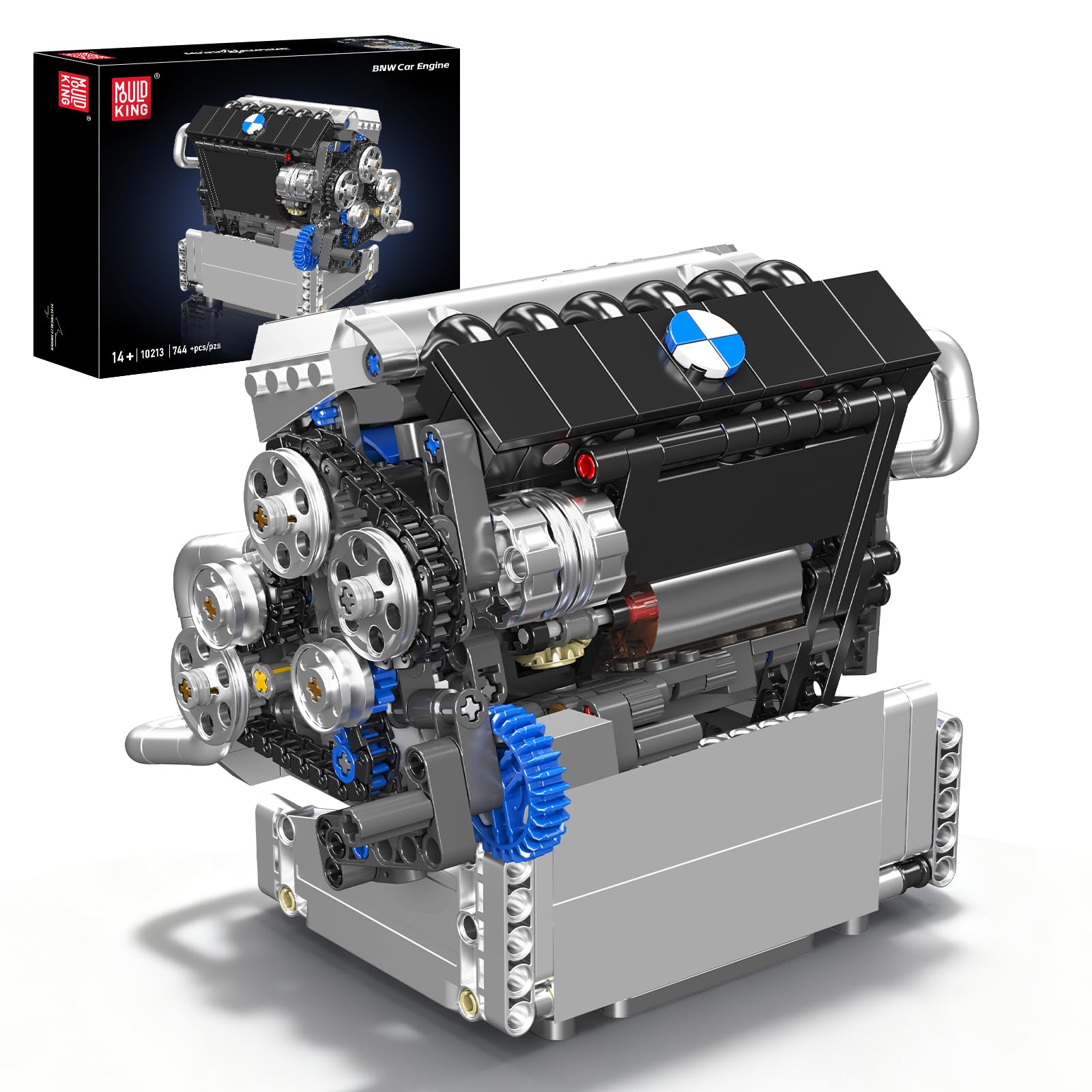 Mould King 10213 MOC Technik Motor-Modell，Baustein-Set eines Automobilmotors mit Elektromotor und Antriebsstruktur, Technologie Klemmbausteine Bausatz （744+Teile）