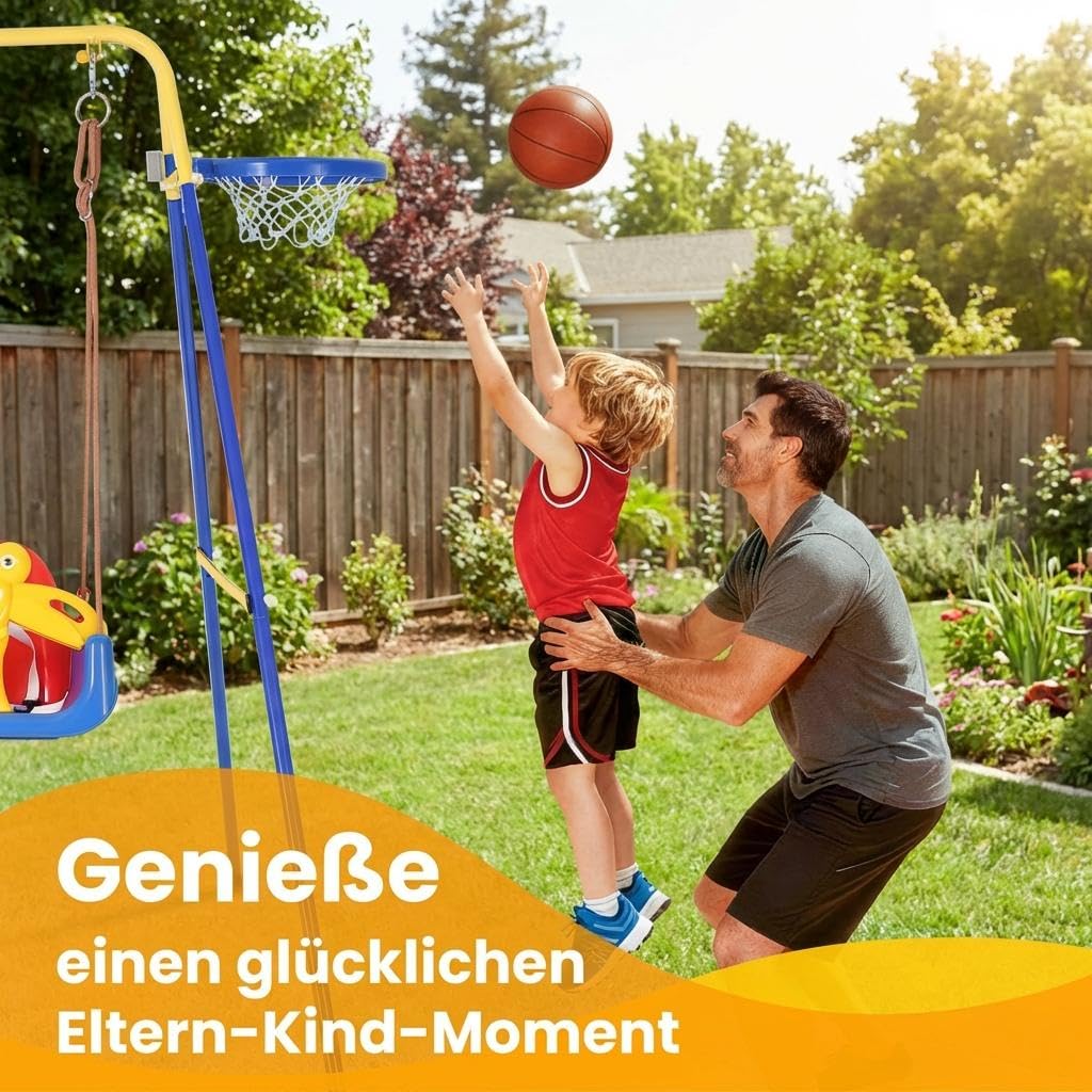 4-in-1 Kinderschaukel Babyschaukel mit Basketballkorb, zusammenklappbar, sicherer Metallrahmen Schaukelgestell, Sicherheitsgurt, Indoor & Outdoor, ab 6 Monaten