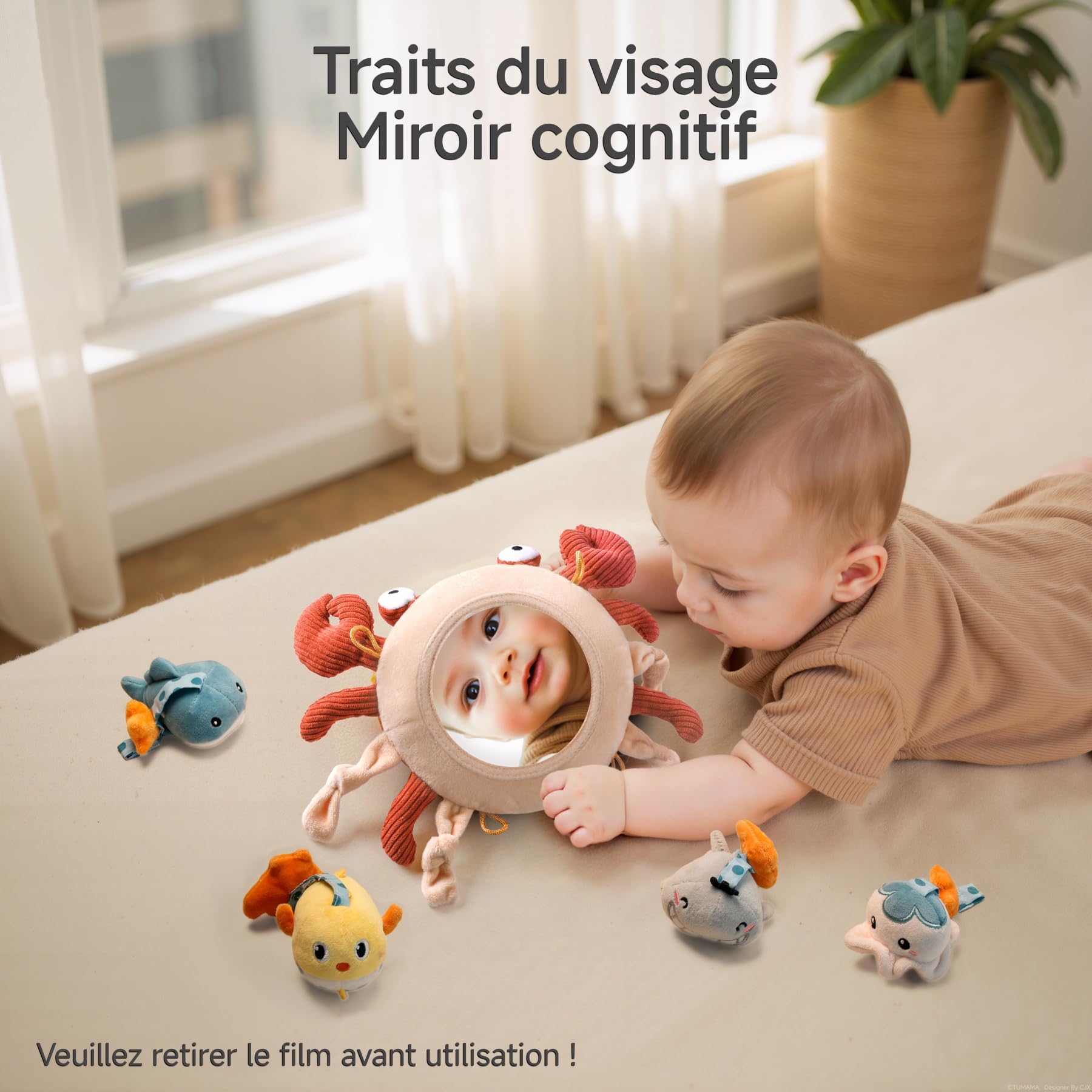 TUMAMA Jouet Poussette Bebe 0 2 3 4 6 8 9 12 Mois, Jeux Eveil Bébé Avec Le Miroir La Voix de Berceau Landau, Peluche Cangrejo Hochet Suspendre Attache Jouets, Cadeau pour Naissance Garçons et Filles