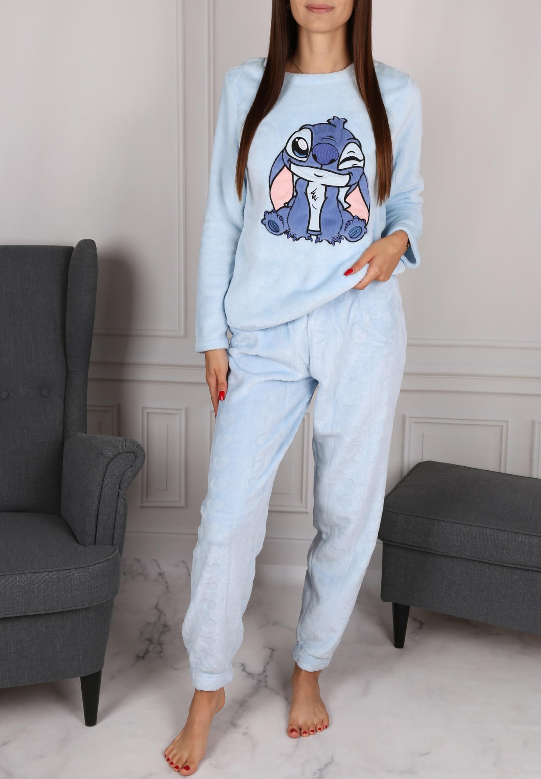 Pijama Mujer Stitch Disney – Conjunto de Noche con pantalón Largo, cálido y cómodo para otoño/Invierno (FR/ES, Letras, L, Regular, Regular, Stitch 2)