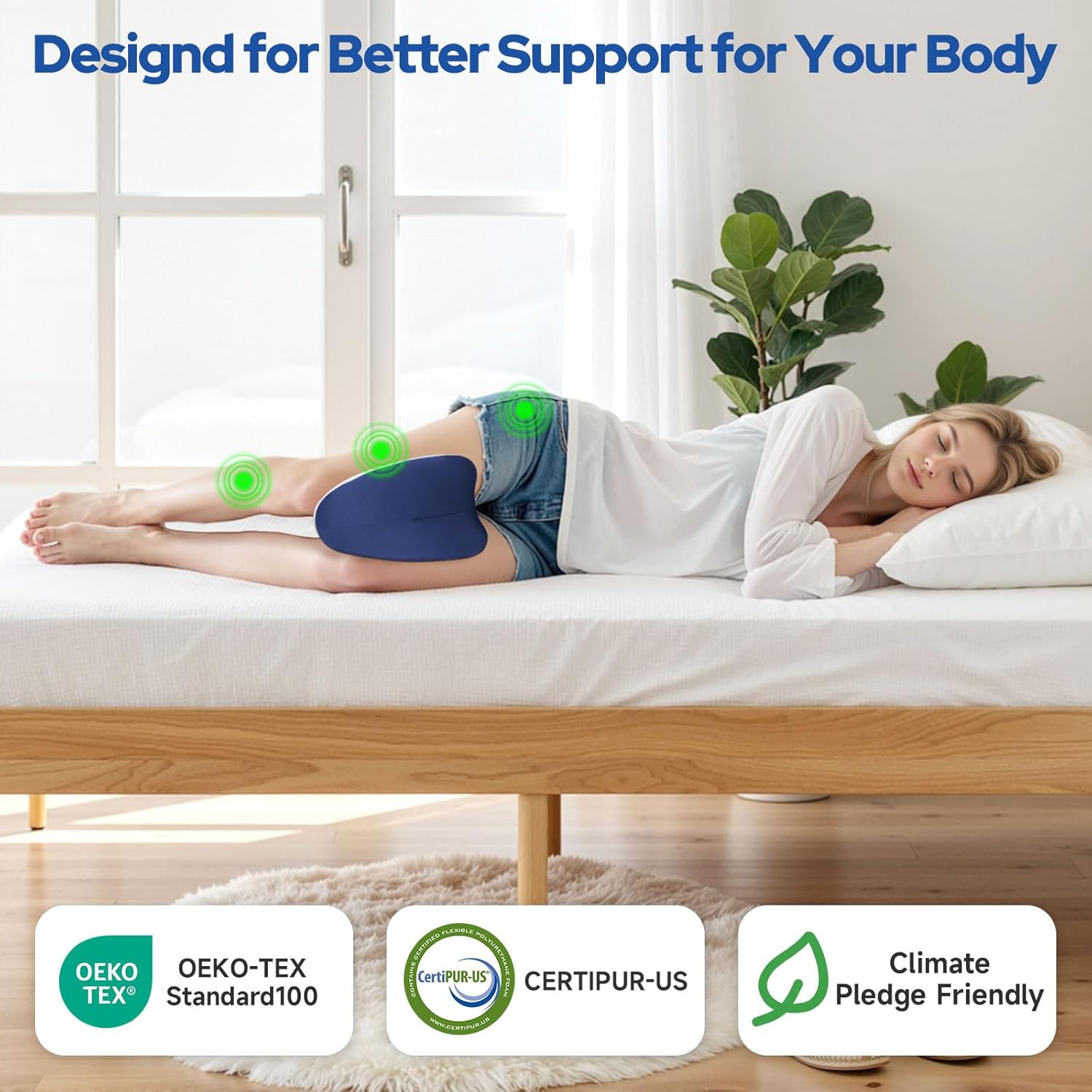 Knee Pillow for Side Sleepers, Leg Pillow for Side Sleeping, Heart-Shape Memory Foam Knee Wedge Pillow, Leg Elevating Pillow for Knees, Hip, Joints, Between Legs, Blue