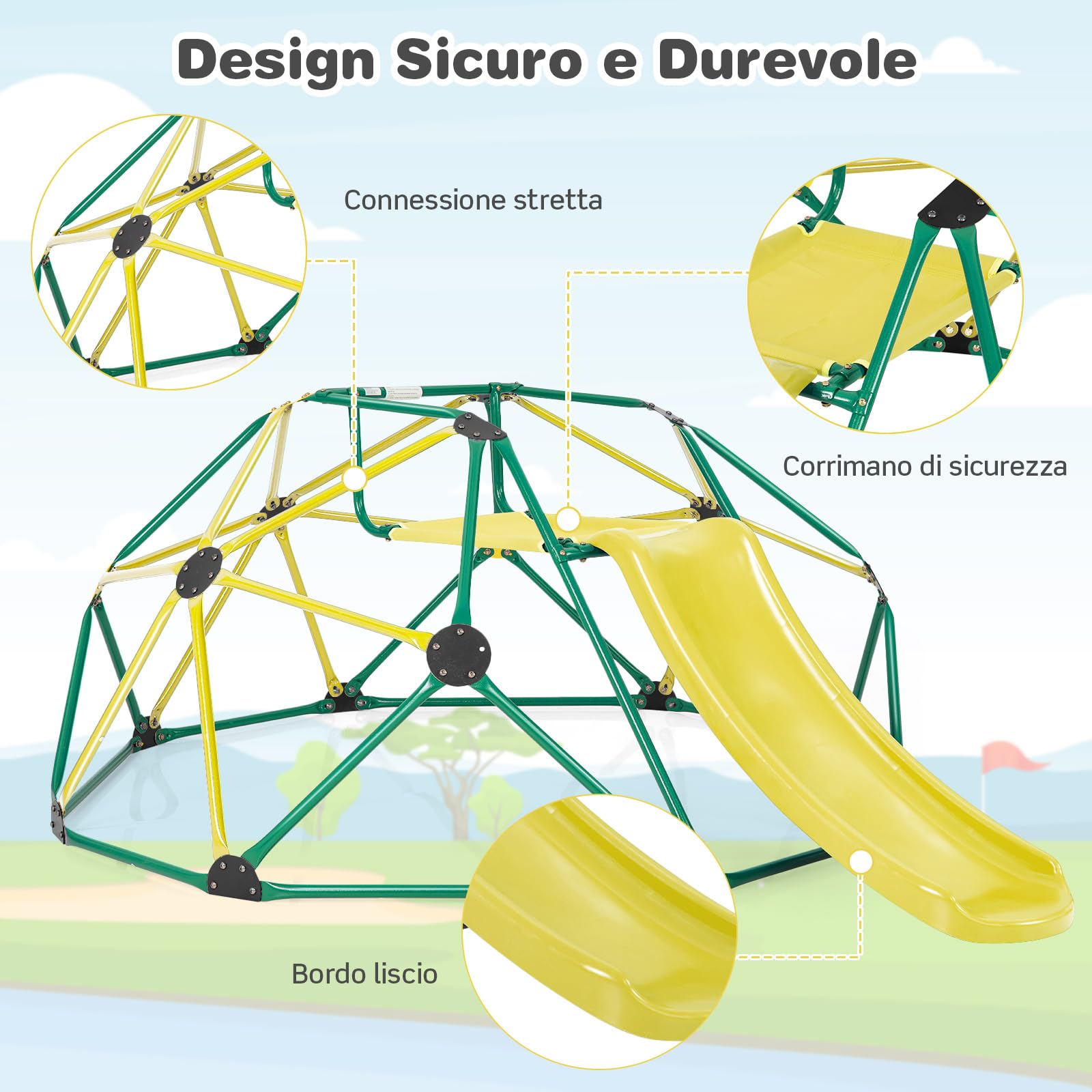 COSTWAY Cupola di Arrampicata, Struttura per Arrampicata con Scivolo, Capacità di Carico di 180 KG, per Bambini da 3 a 10 Anni, Ideale per Palestra, Cortile e Giardino (Verde+Giallo)