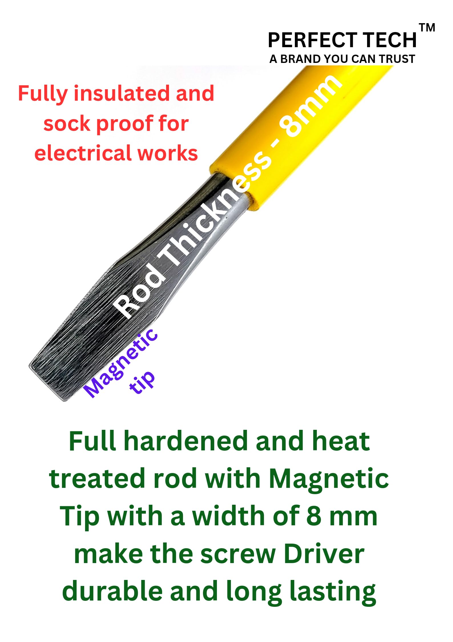 PERFECT TECH Pack of 4 Pcs Flat Head 8 mm Screwdriver | Steel 2 in 1 Screw Driver | Wlectrical Works | Hand Tools | Screwdriver Set Tools Kit | Green & Yellow (Rod Length - 6,8,10 &12 Inch) 2