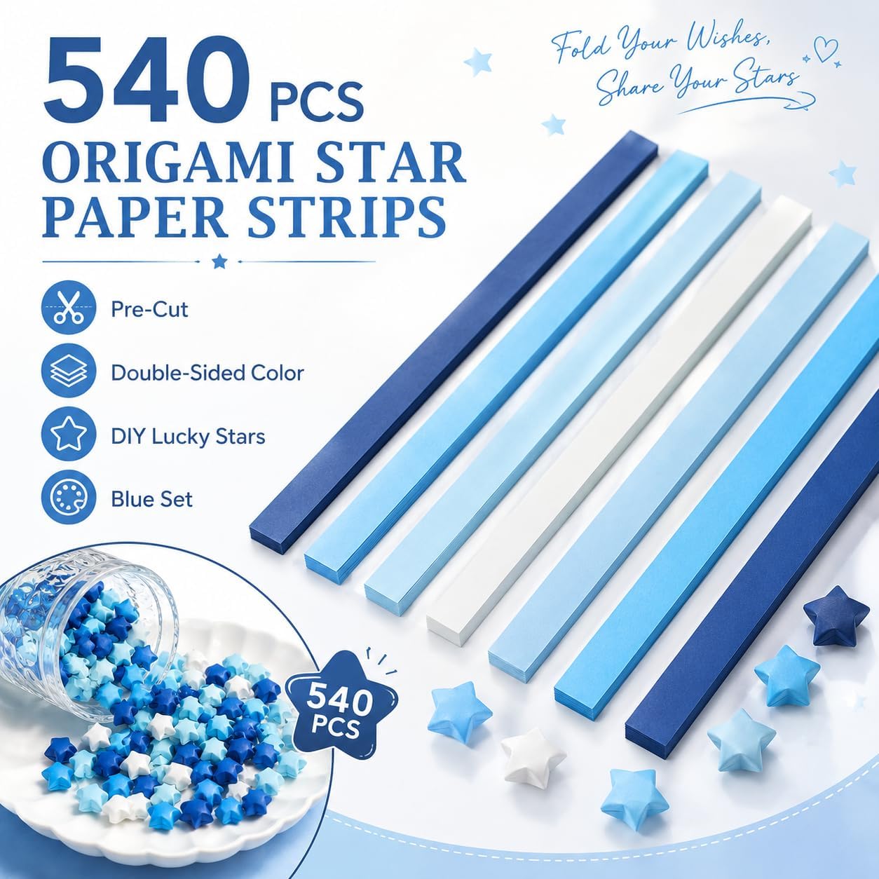 540Pcs Origami Star Paper Strips, Double-Sided Colored Paper for DIY Lucky Stars, Pre-Cut Wishing Star Craft Kit (Yellow, 1)