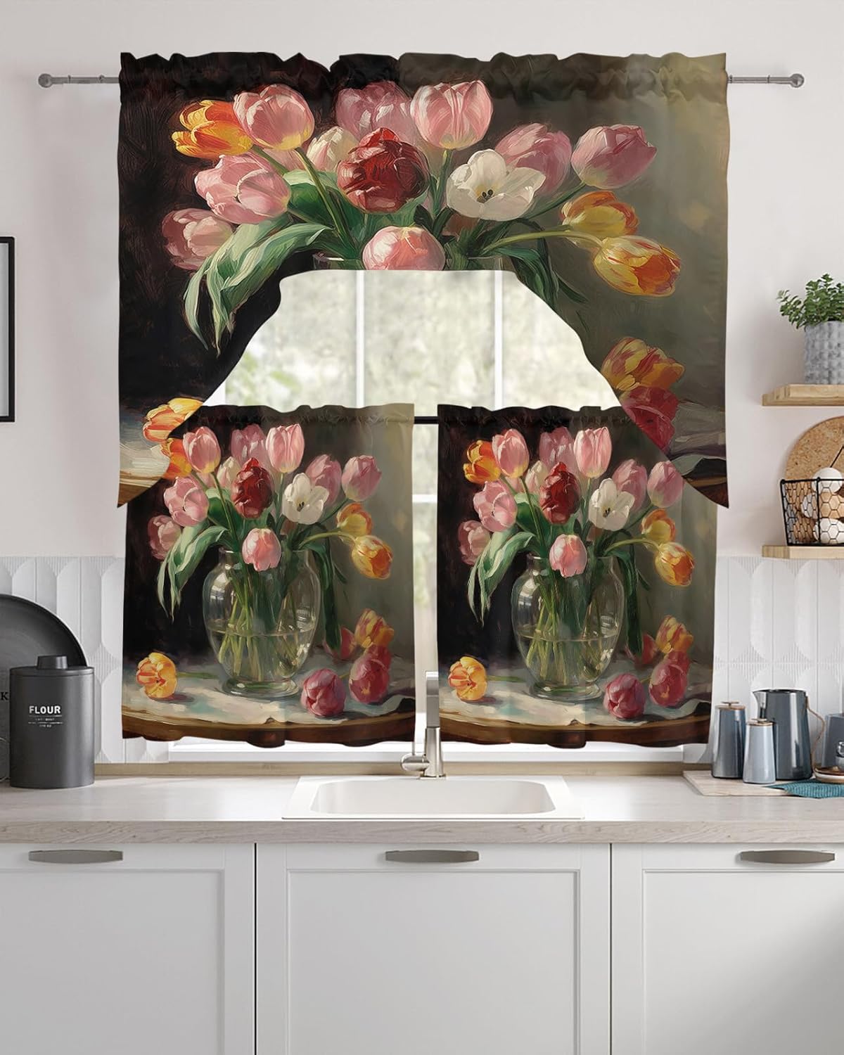 Watercolor Flower Swag Kitchen Curtain Sets with Valance,3 Pieces Rod Pocket Curtain Drapes for Bedroom Living Room Windows,Colorful Country Rustic Bottle Floral 56''x36'' & 24''x27.5''x2Panels