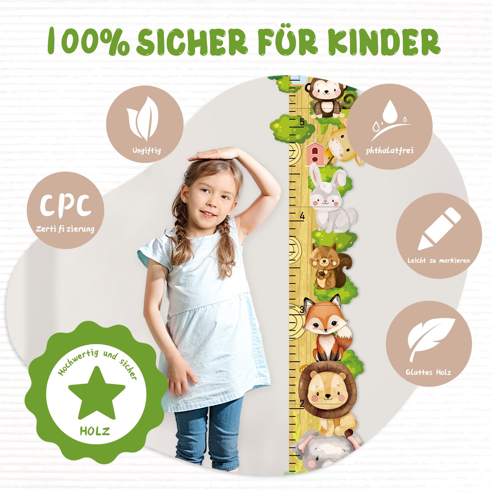 Personalisiert Messlatte Kinder Holz für Baby- & Kleinkinderzimmer mit Namen, Abnehmbares Messlineal für Baby-Messlatte für Schlafzimmer, Wanddekoration (Waldtiere)