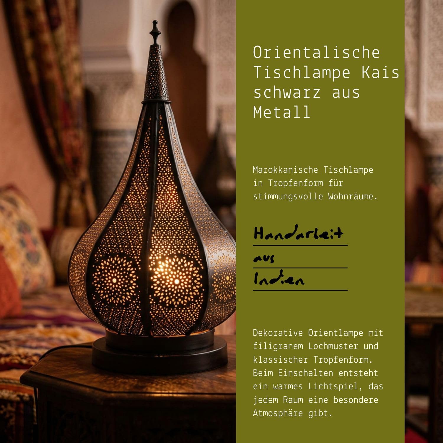 Orientalische Tischlampe Kais handgemacht aus Metall in Schwarz 38 cm