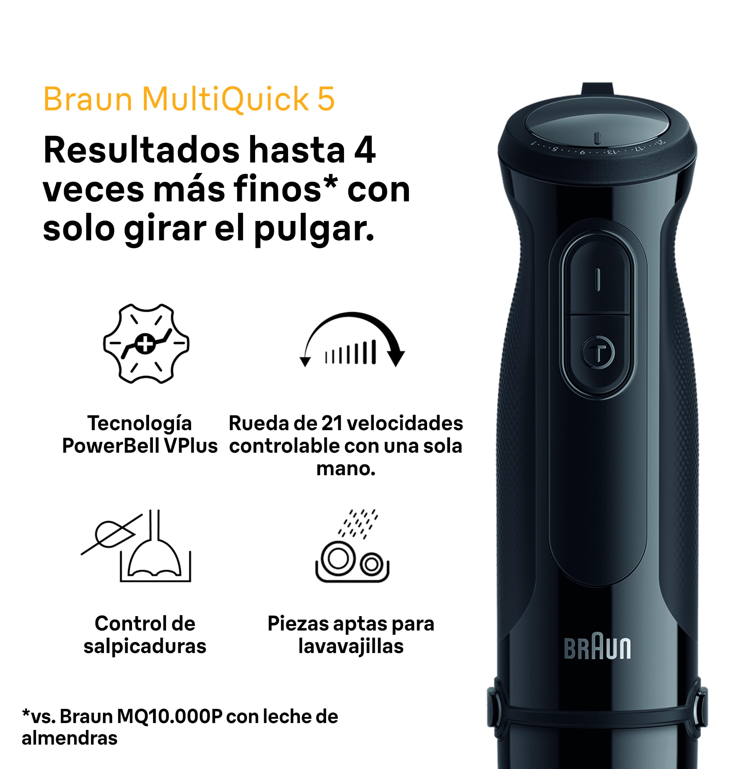 Braun MultiQuick 5 - Minipimer con 21 Velocidades Variables, 1000W, Negro | Batidora de Mano Brazo Acero Inoxidable, Sistema EasyClick Plus, Varillas, Picadora 350ml, Vaso Medidor de 600 Ml, MQ50246BK