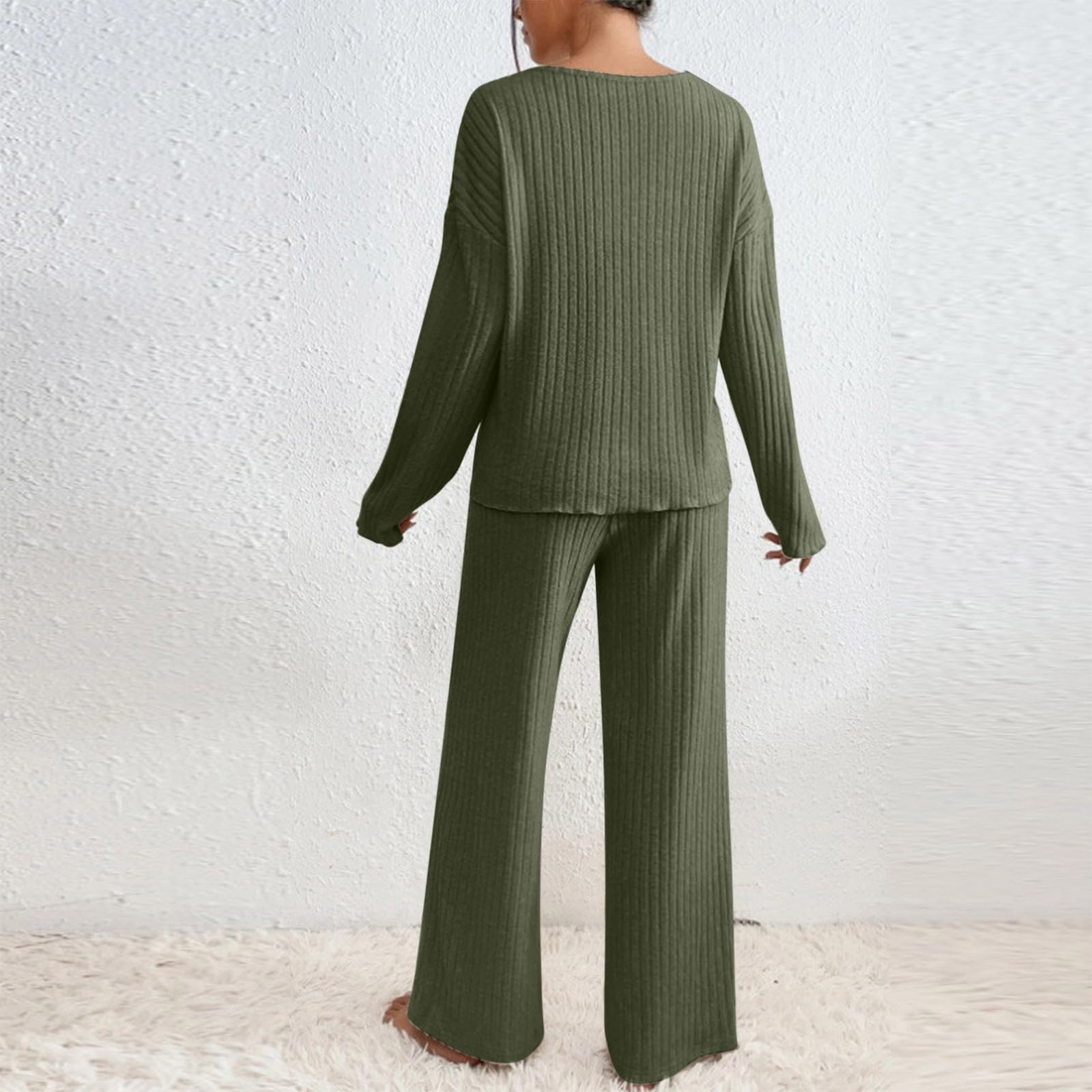 Ensemble Femme Chic Et Elegant Pantalon Et Haut 2 Pièces Vêtement De Nuit Tricot Décontracté Et Ample Vêtement D'Intérieur Sleepwear pour La Maison Survêtement Femme Ensemble Mode