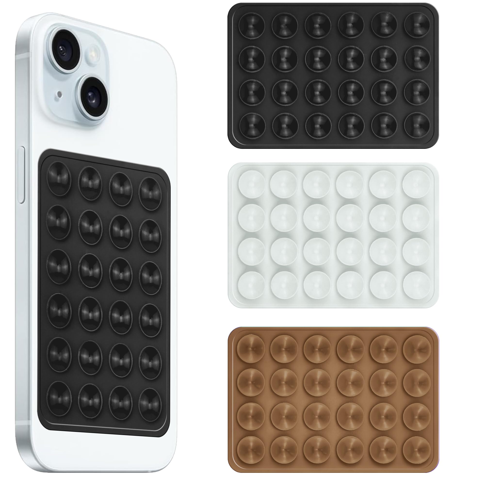amazon basics Suction Phone Case Anti-Slip Silicone Hands-Free Sticky Pads for Phone Case Mount for Selfies Videos Mirror Shower Car Dashboard - Black,White,Brown (Pack of 3)-image-45