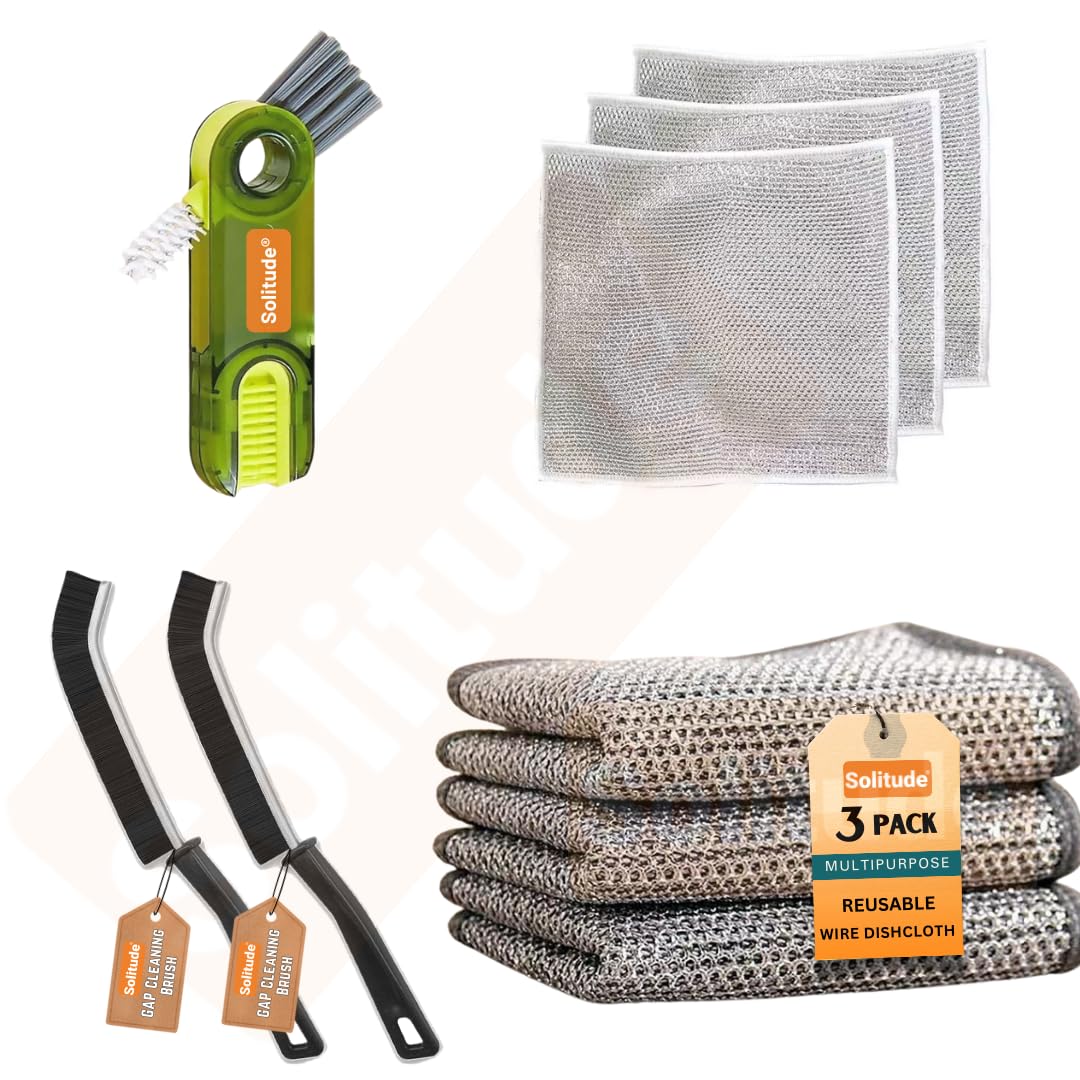 Solitude 6X Combo 3 Non-Scratch Wire Dishcloth, 2 Mini Gap Cleaning Brush & 1 3-in-1 Cup Lid Gap Cleaning Brush, Multipurpose Wire Dishwashing Rag for Wet and Dry, Easy Rinsing, Reusable for Kitchen (B0CZ47BGTT) Amazon Price History, Amazon Price Tracker