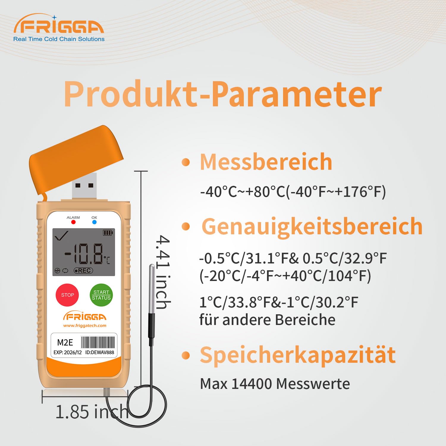 Frigga M2E Mehrzweck-Temperatur-Datenlogger mit externem Sensor USB-Digital-Temperaturschreiber 14400 Punkte hohe Genauigkeit PDF CSV Bericht