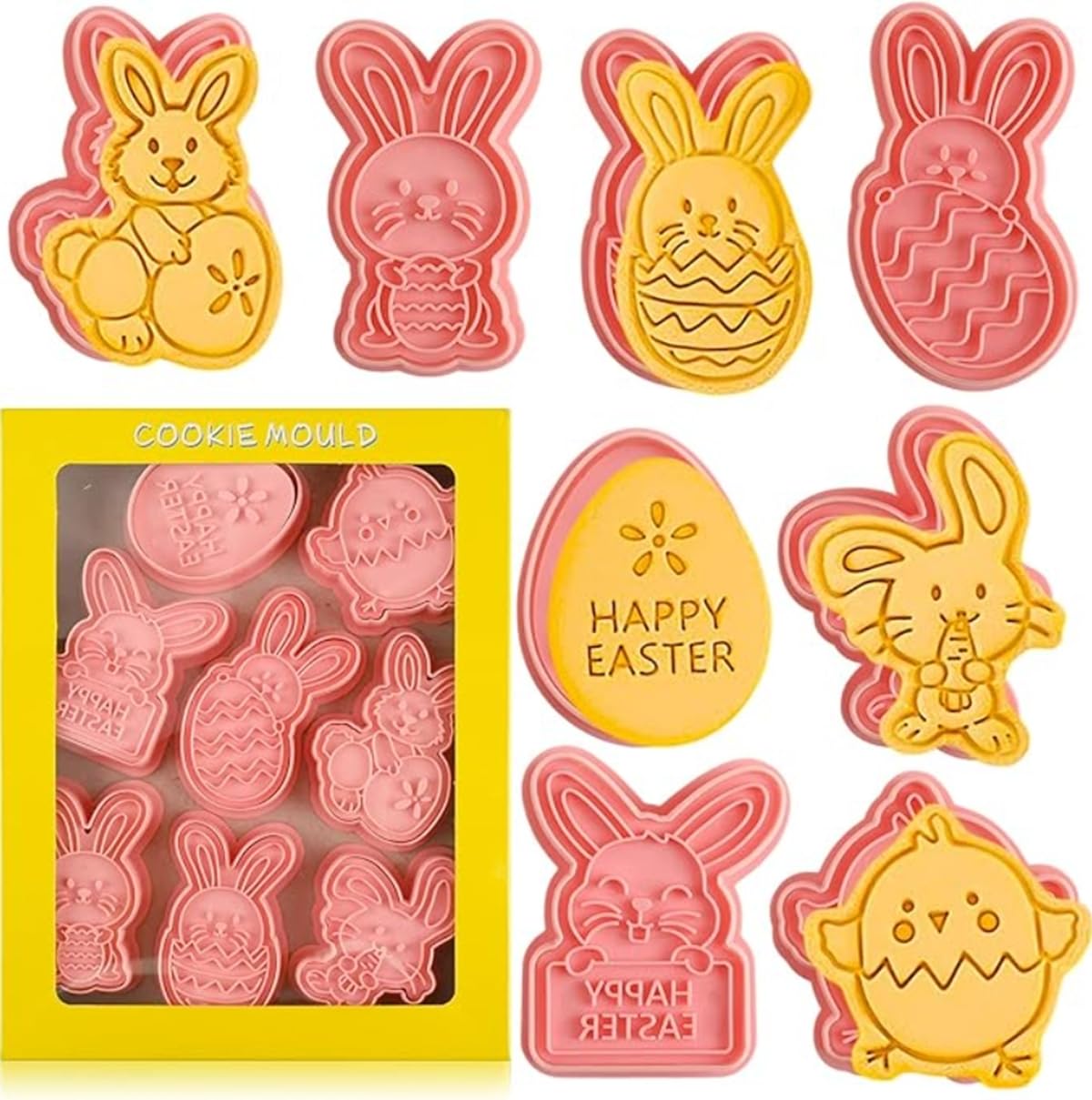 Easter Cookie Cutters Set,8 Pcs Easter Rabbit Egg Shaped Cookie Cutter with Plunger Stamps, 3D Cookie Stamps for Easter Biscuit Snacks Cheese Baking Moulds Tools