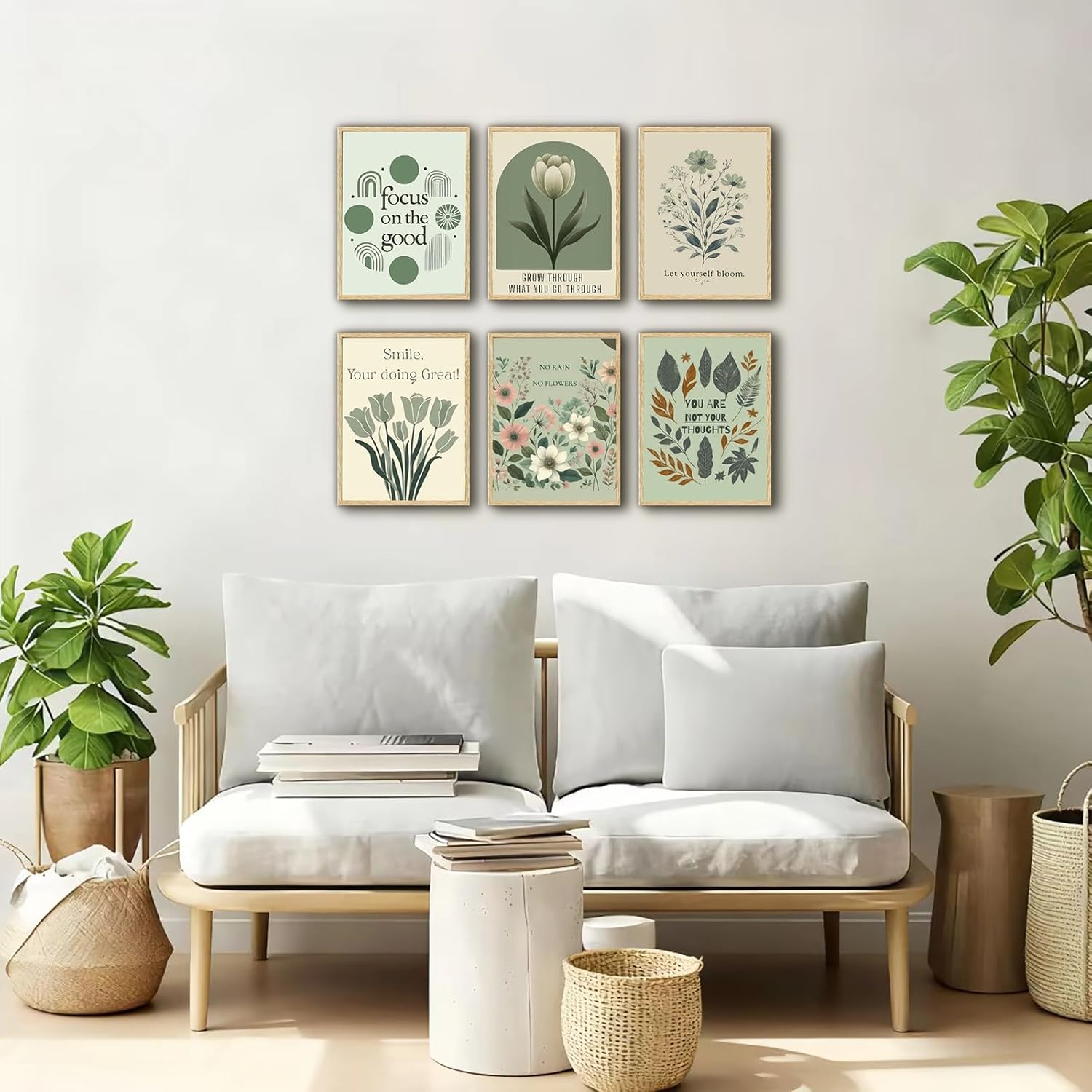 6Pcs Sage Green Mental Health Canvas Wall Art Offices Sage Motivational Poster Print Inspiring green wildflowers Pictuer Boho Floral Wall Deocr for School Therapy Home Decor