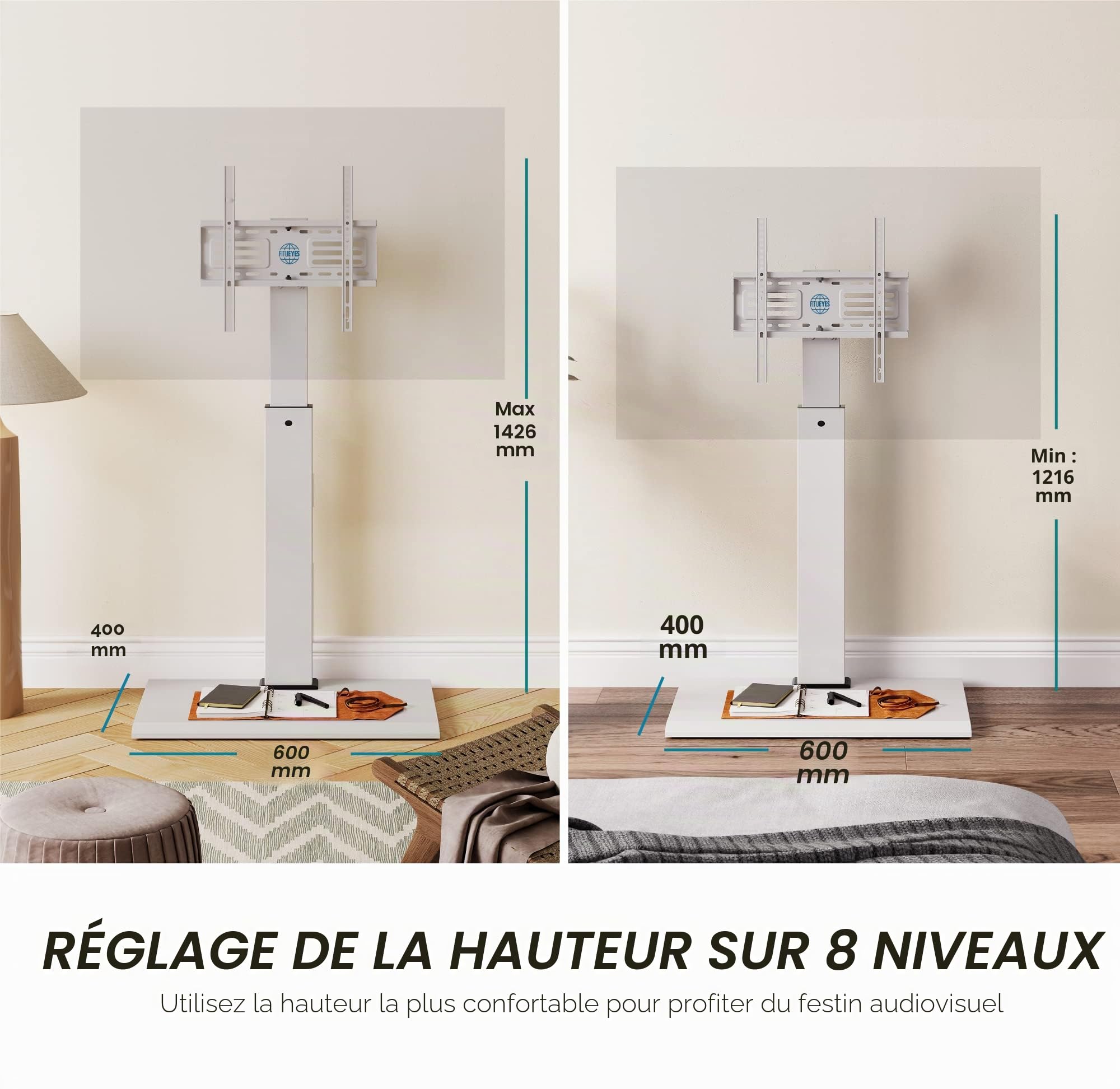 FITUEYES Support TV sur Pied, avec Base en Fer, 32-65 Pouces, Pivotant 60° | pour Salon, Chambre et Bureau, 14 Réglages en Hauteur, Hauteur Réglable, Charge Maximale 40 kg, VESA 400 x 400 mm