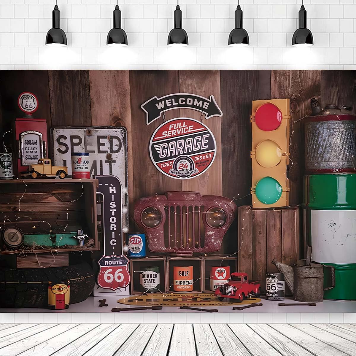 No. 66 Car Repair Warehouse Photography Backgrounds Car Mechanic Signal Light Boy 1 Year Old Birthday Cake Smash Decoration Background Route 66 Gas