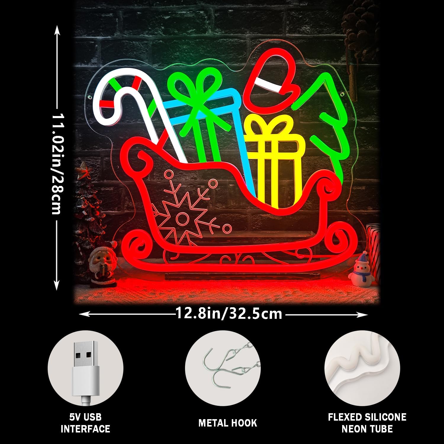 Sled Neon Sign Dimmable Christmas Neon Sign for Wall Decor Christmas Neon Lights Window Decorations christmas Light Up Sign for Bedroom Living Room Party