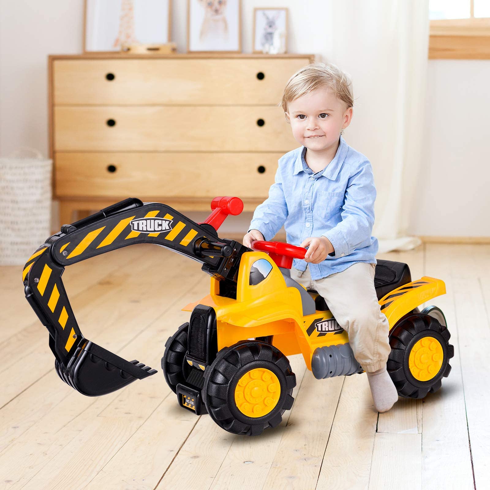 GYMAX Ruspa Giocattolo per Bambini, Escavatore Giocattolo Grande con Suono, Adatto per Casa e Giardino, di Plastica, Giallo, 84x45x30cm