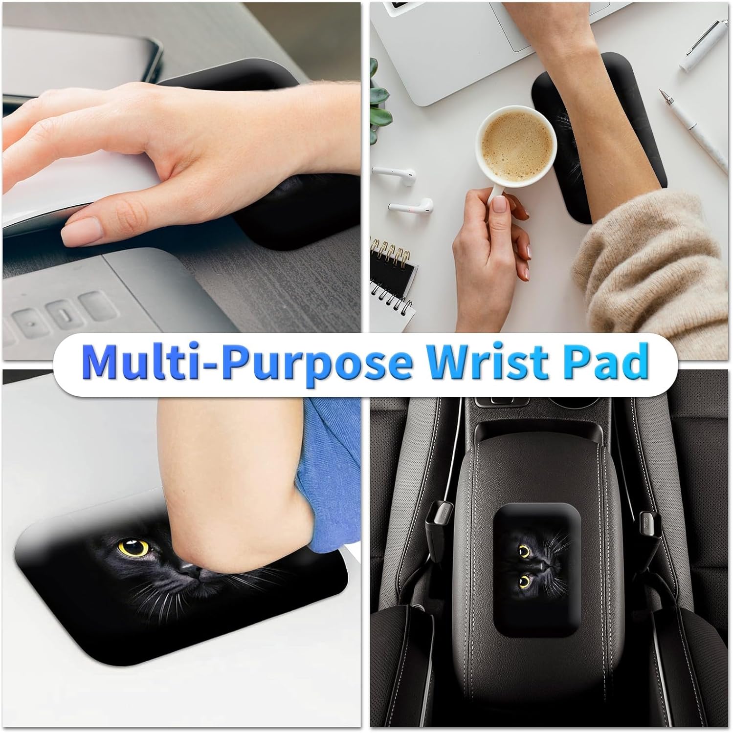 Large Gaming Mouse Pad 27.5 x 11.8 inch & Small Wrist Rests with Coasters and Black Cat Pattern Printed Design Ergonomic Mouse Pad with Wrist Rest Memory Foam for Easy Typing Pain Relief