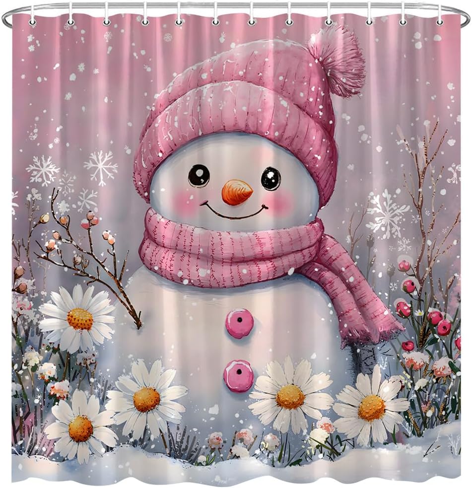Winter Pink Snowman Shower Curtain Snowflake White Daisy Snowflakes Cute Merry Christmas Polyester Fabric Bathroom Decor 70×96 Inch with Hook