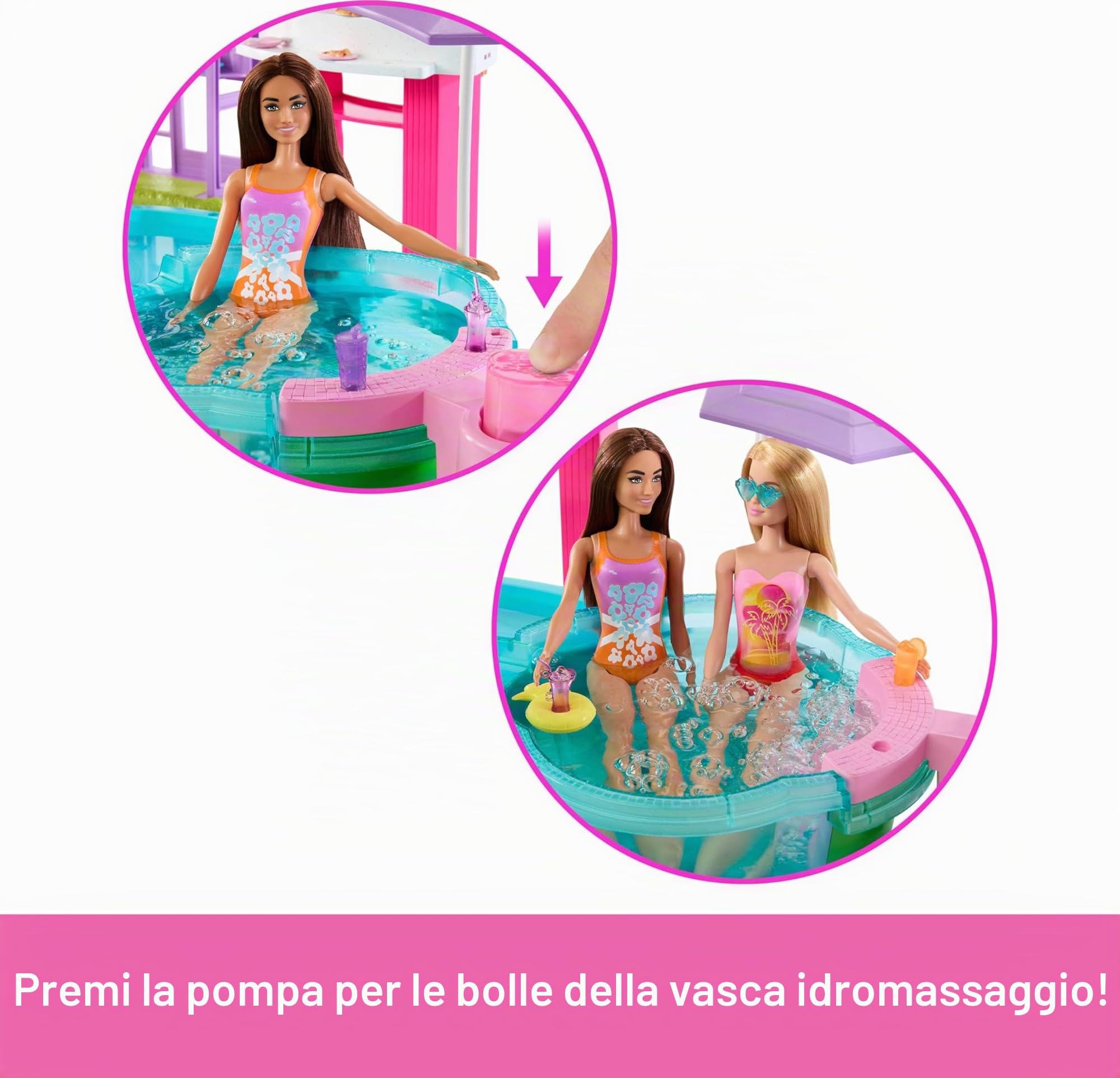 Barbie Piscina dei Sogni, playset con 6 Aree di Gioco, tra Cui Scivolo e Vasca idromassaggio, Oltre 20 Accessori Come Cuccioli, galleggianti e Molto Altro, JFP01