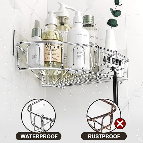 Miniatura 4 de Orimade Organizador esquinero de acero inoxidable con ganchos montado en la pared, estante de baño, organizador de almacenamiento, adhesivo, sin