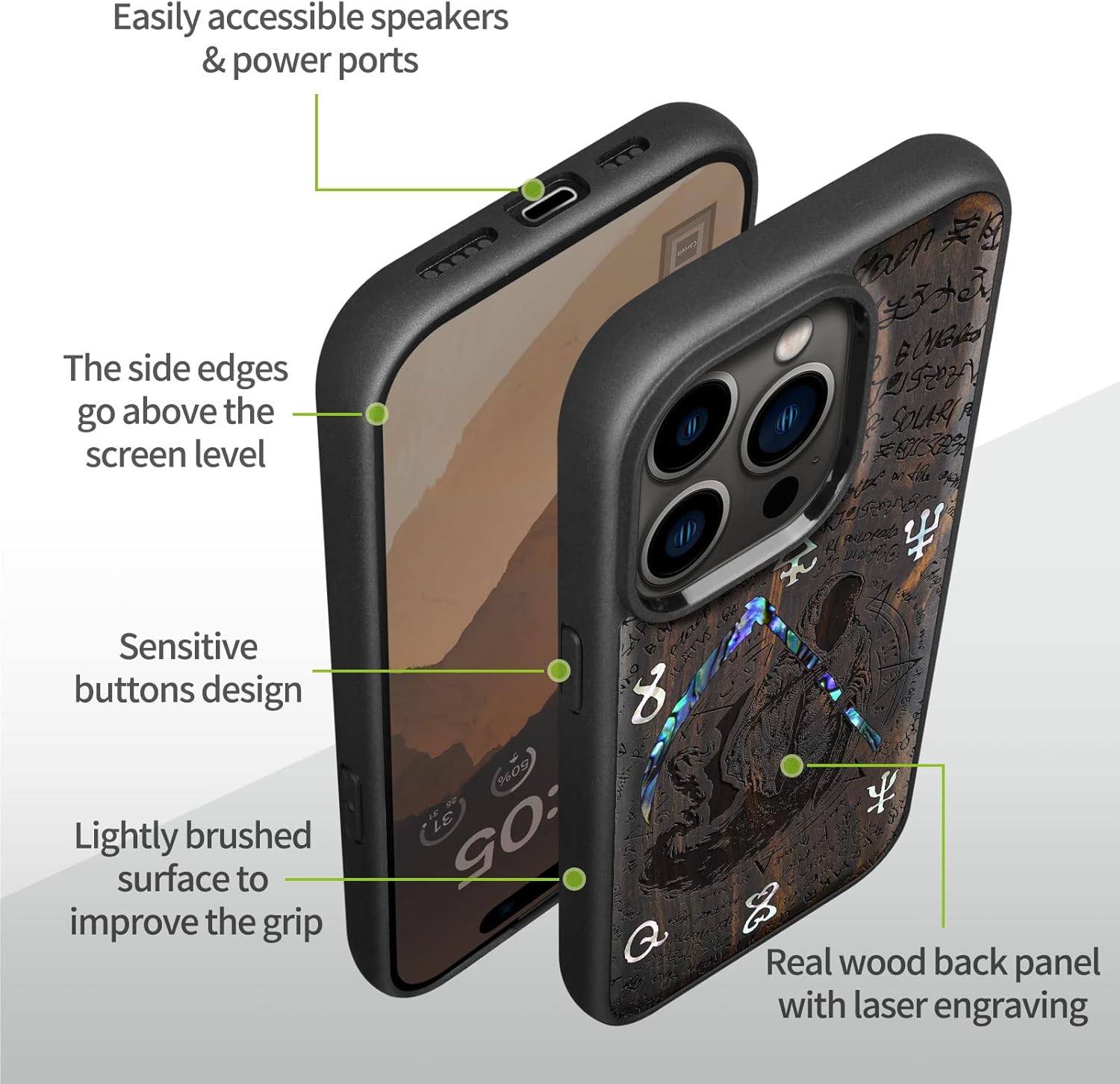 Carveit Designer Wooden Protective Magnetic Case for iPhone 14 Pro Max Case [Wood Engraving & Shell Inlay] Compatible with 14 Pro Max MagSafe (Grim Reaper-Blackwood)