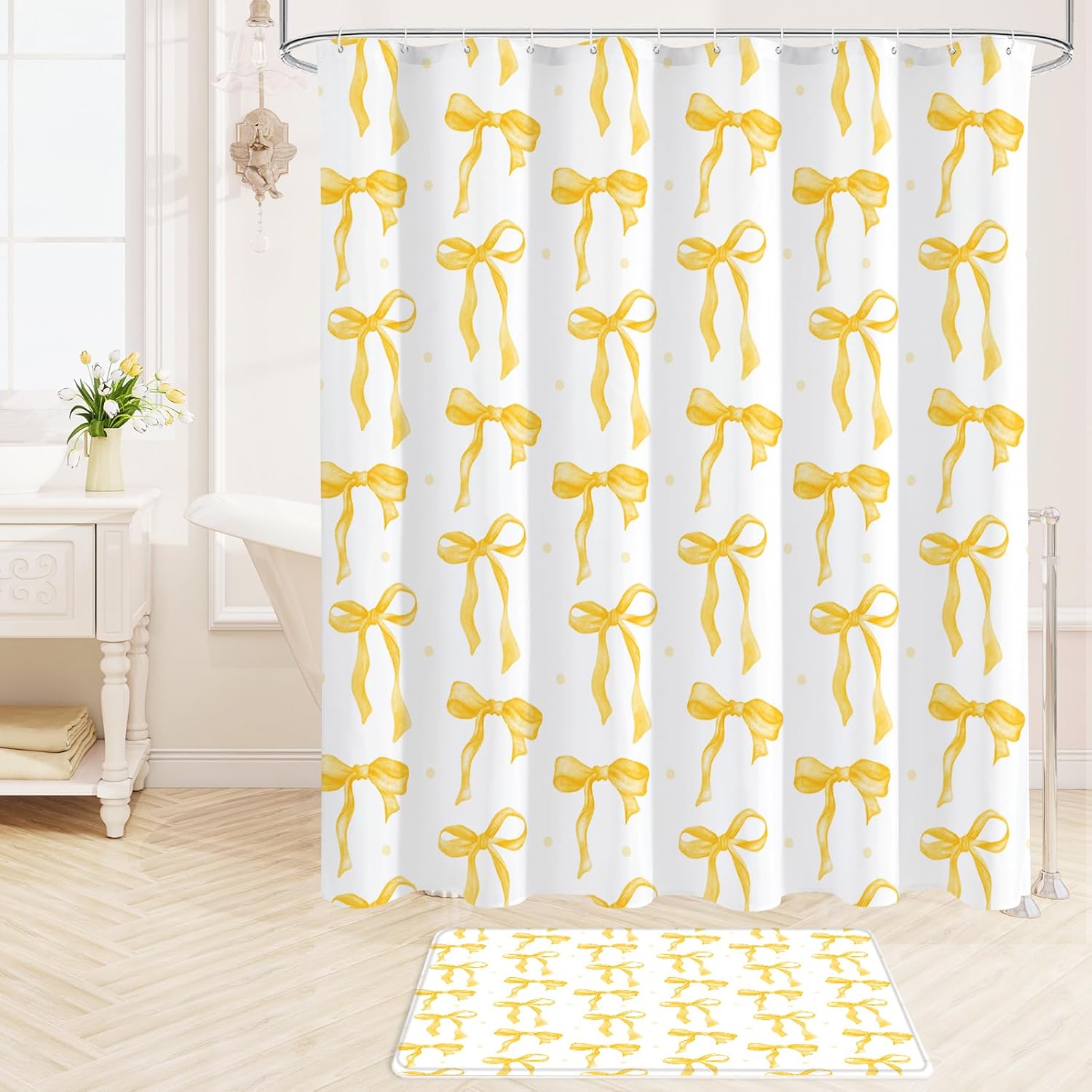 Litabel 4Pcs Cute Yellow Bow Shower Curtain Sets with Rug, Toilet Lid Cover and Bath Mat, Aesthetic Bowknot Shower Curtains for Yellow Bathroom Decor, Modern Minimalist White Waterproof Bathroom Set
