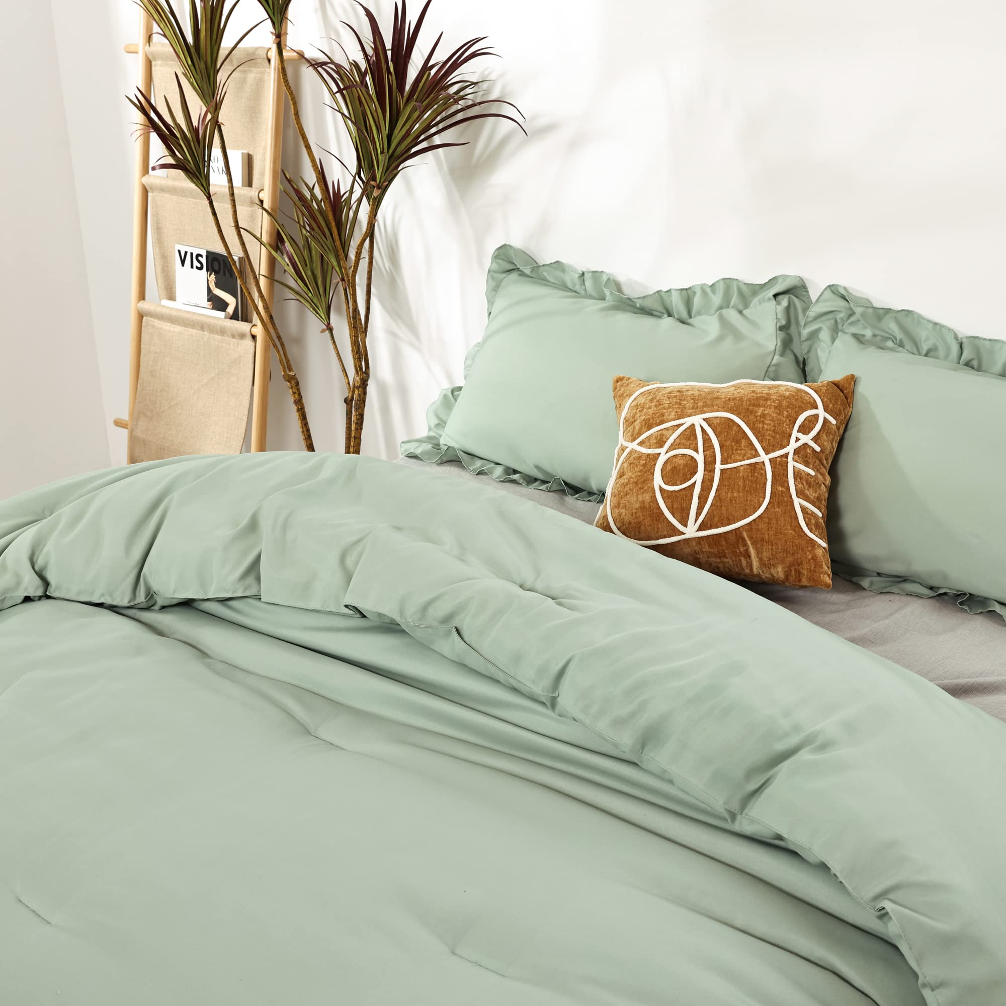 JANZAA Queen Comforter Set Sage Green Comforter 3PCS?1 Ruffled Comforter Set and 2 Pillowcases? Vintage Farmhouse Shabby Chic Bedding Soft Fluffy Comforter Set All Season